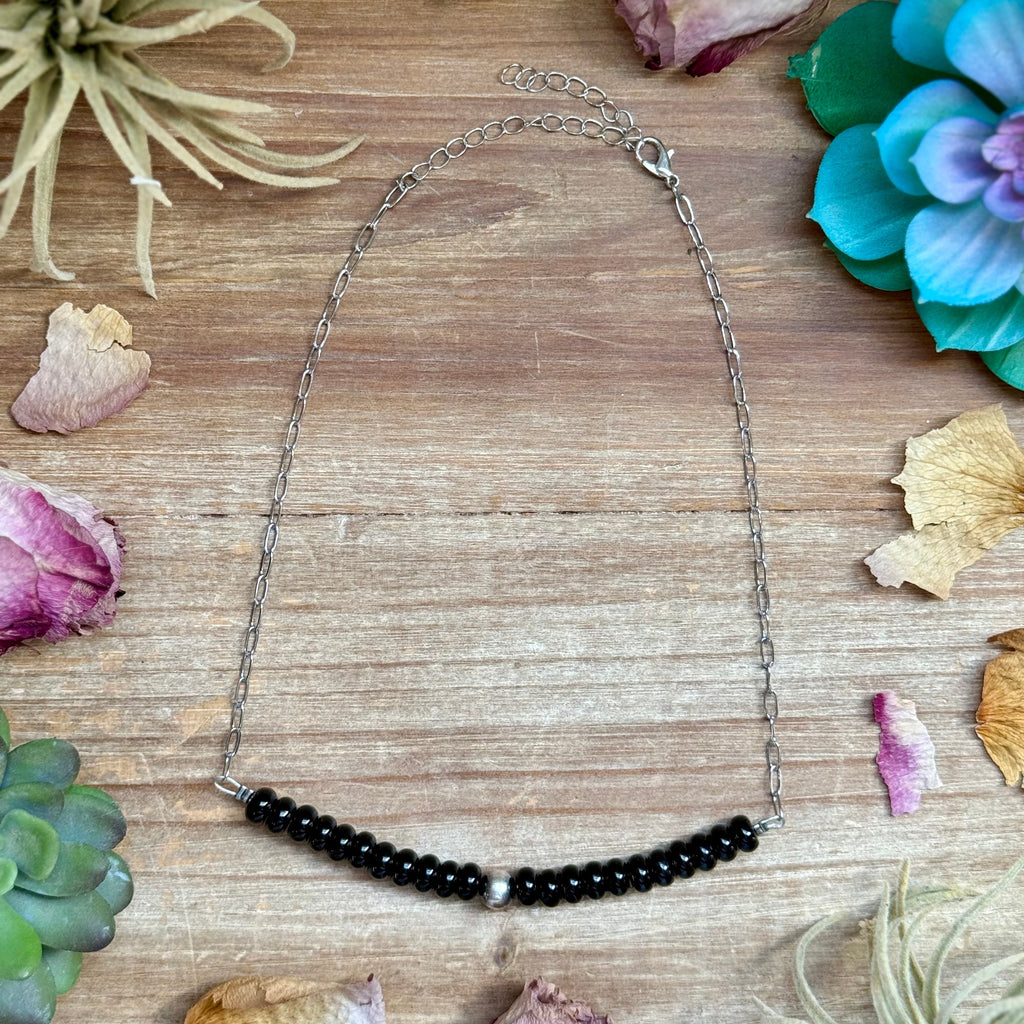 Black onyx necklace with sterling silver center bead on paperclip chain, 16 inch length with extender, handmade jewelry.
