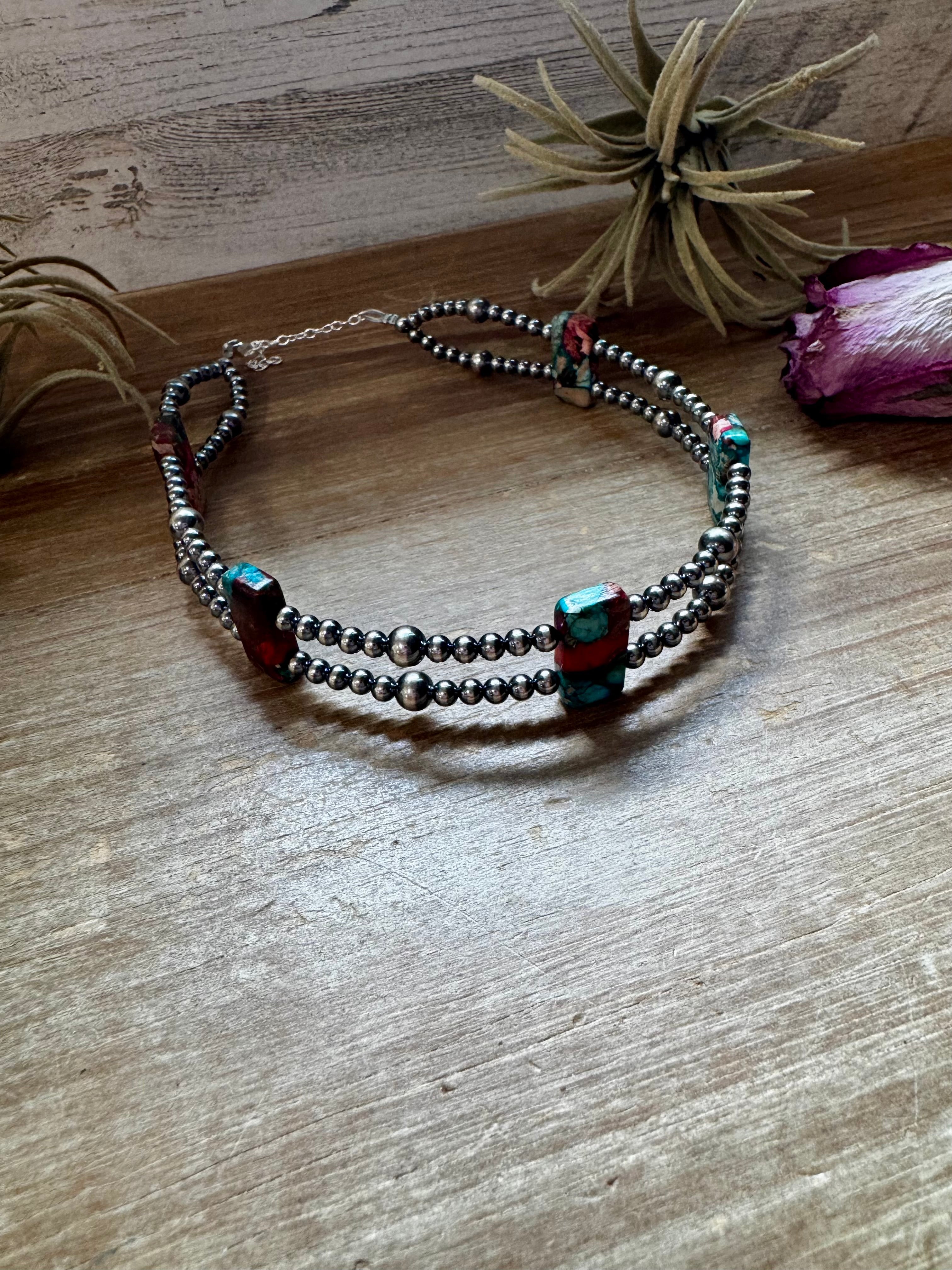 Pink Turquoise Variscite Double Strand Necklace – Sterling Silver Pearls 13” Choker | The Bijoux FAB