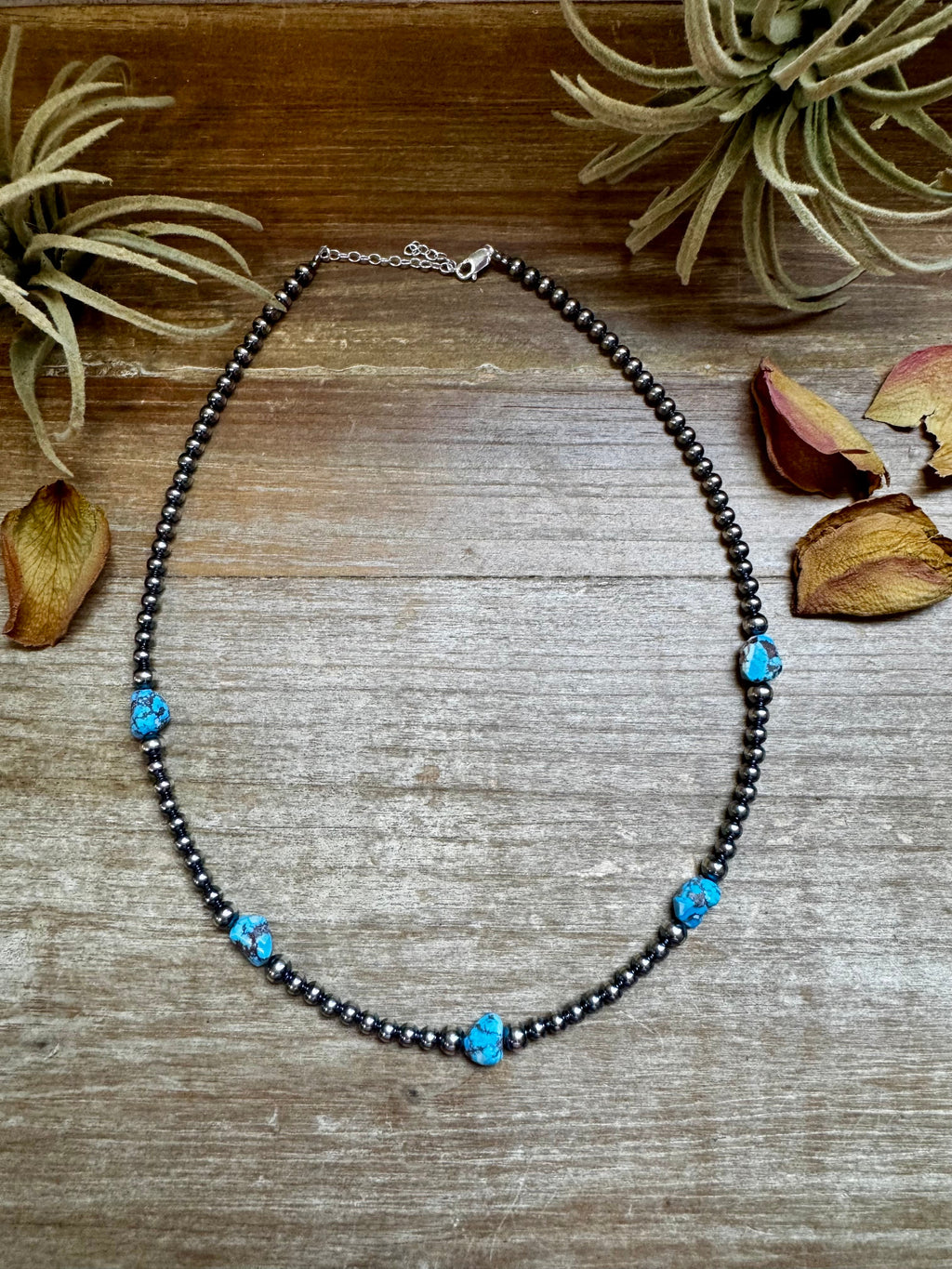Golden Hill turquoise bead necklace with sterling silver pearls western handmade jewelry by The Bijoux FAB.