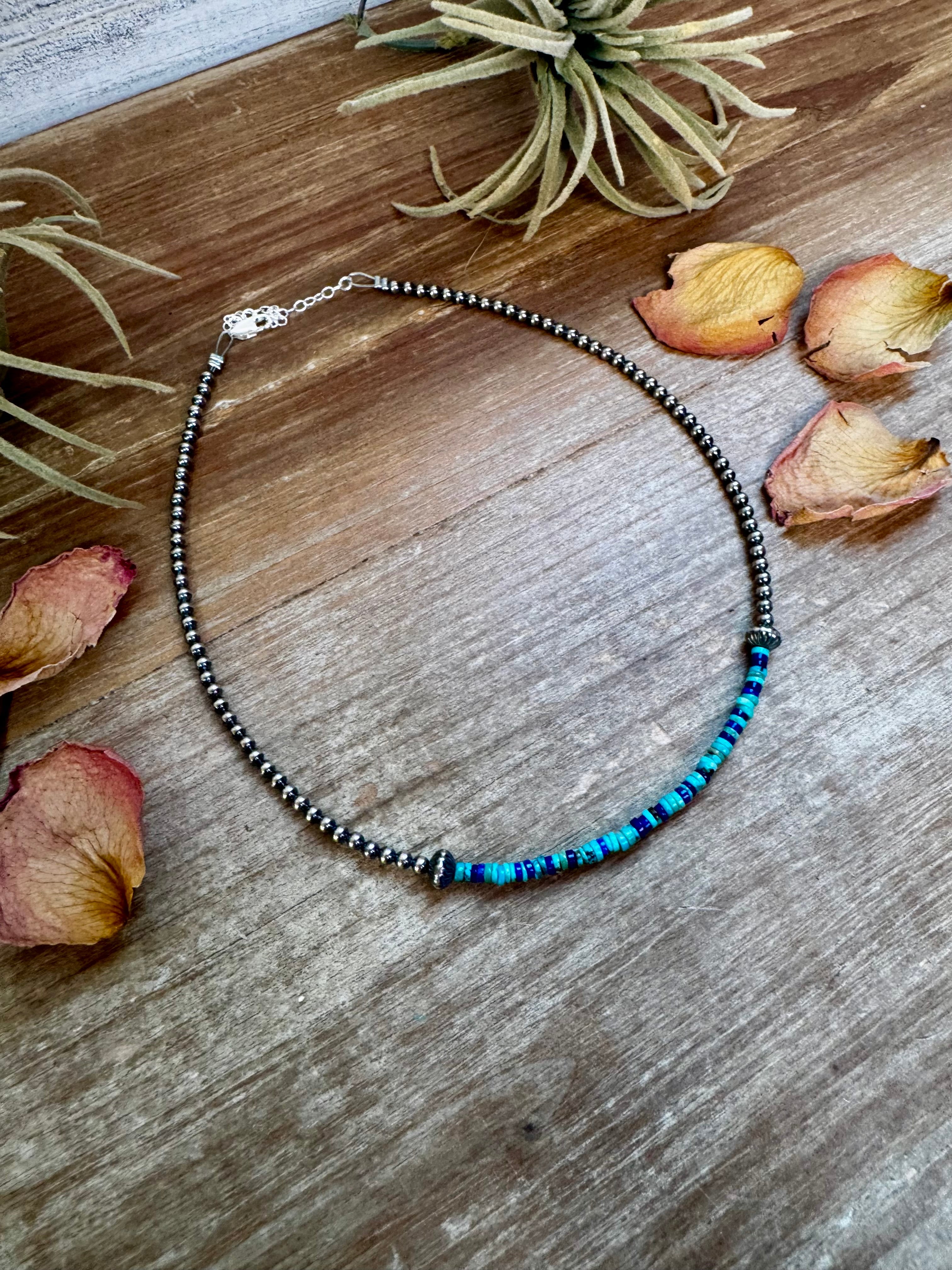Lapis Turquoise Heishi Choker – 3mm Lapis Turquoise Sterling Silver 14” Necklace | The Bijoux FAB