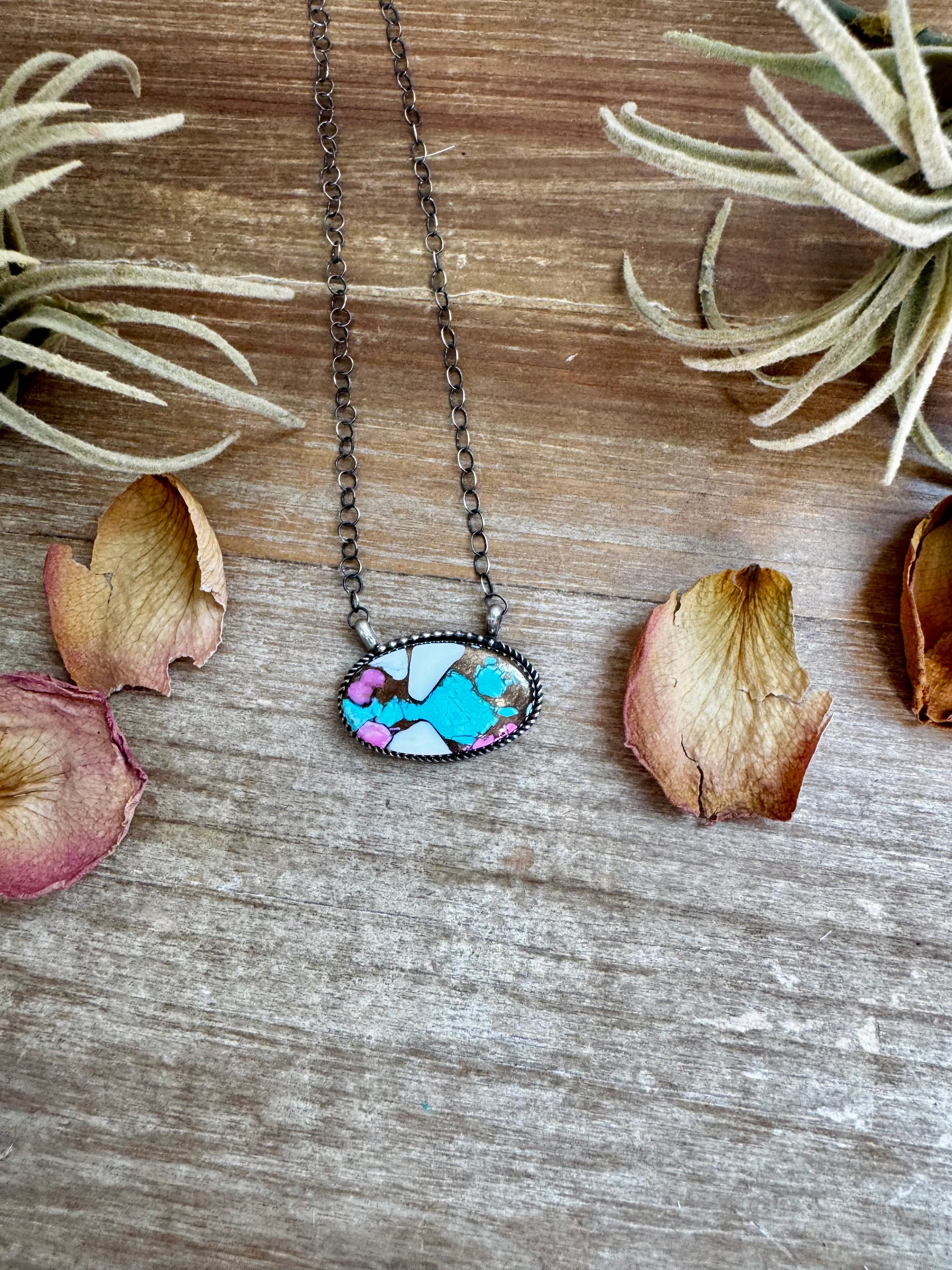 Cotton Candy Turquoise Bar Necklace – Oval Shape – 18" Sterling Chain – Tia Long, Navajo Handmade