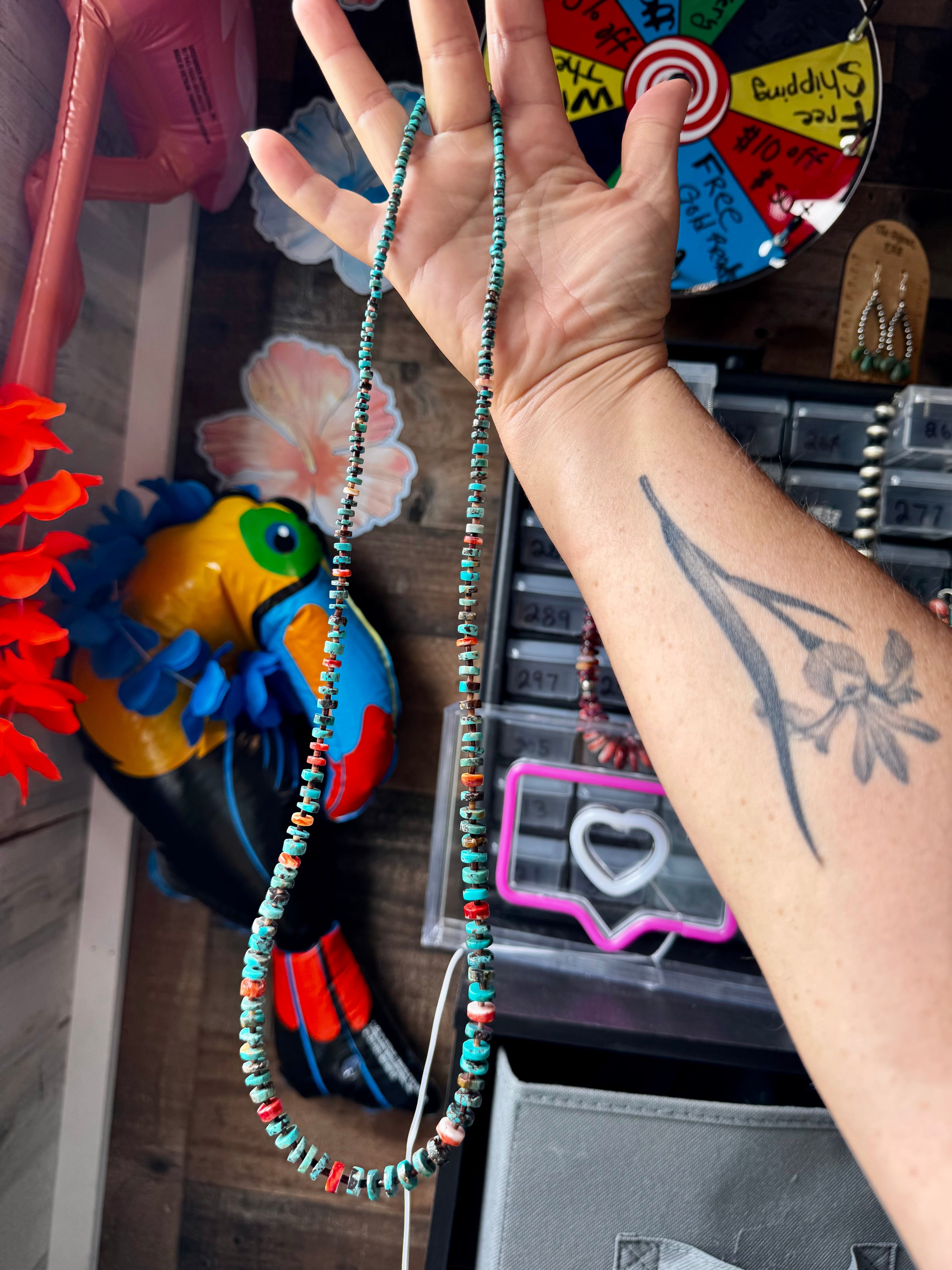 26” Dark Blue Rondelle Turquoise & Spiny Oyster Necklace