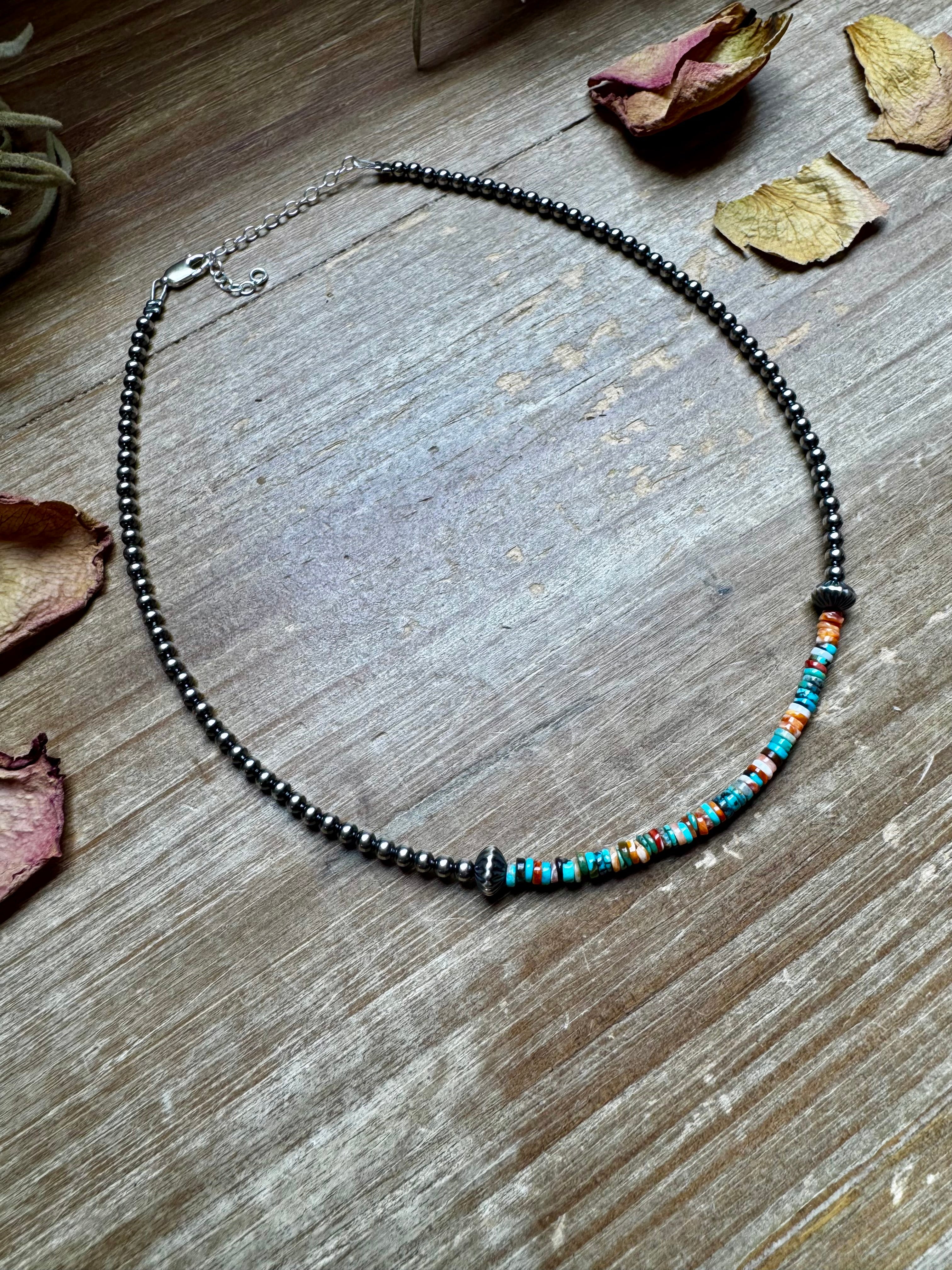 Turquoise Spiny Oyster Heishi Choker – Sterling Silver Pearls 14” Adjustable Necklace | The Bijoux FAB