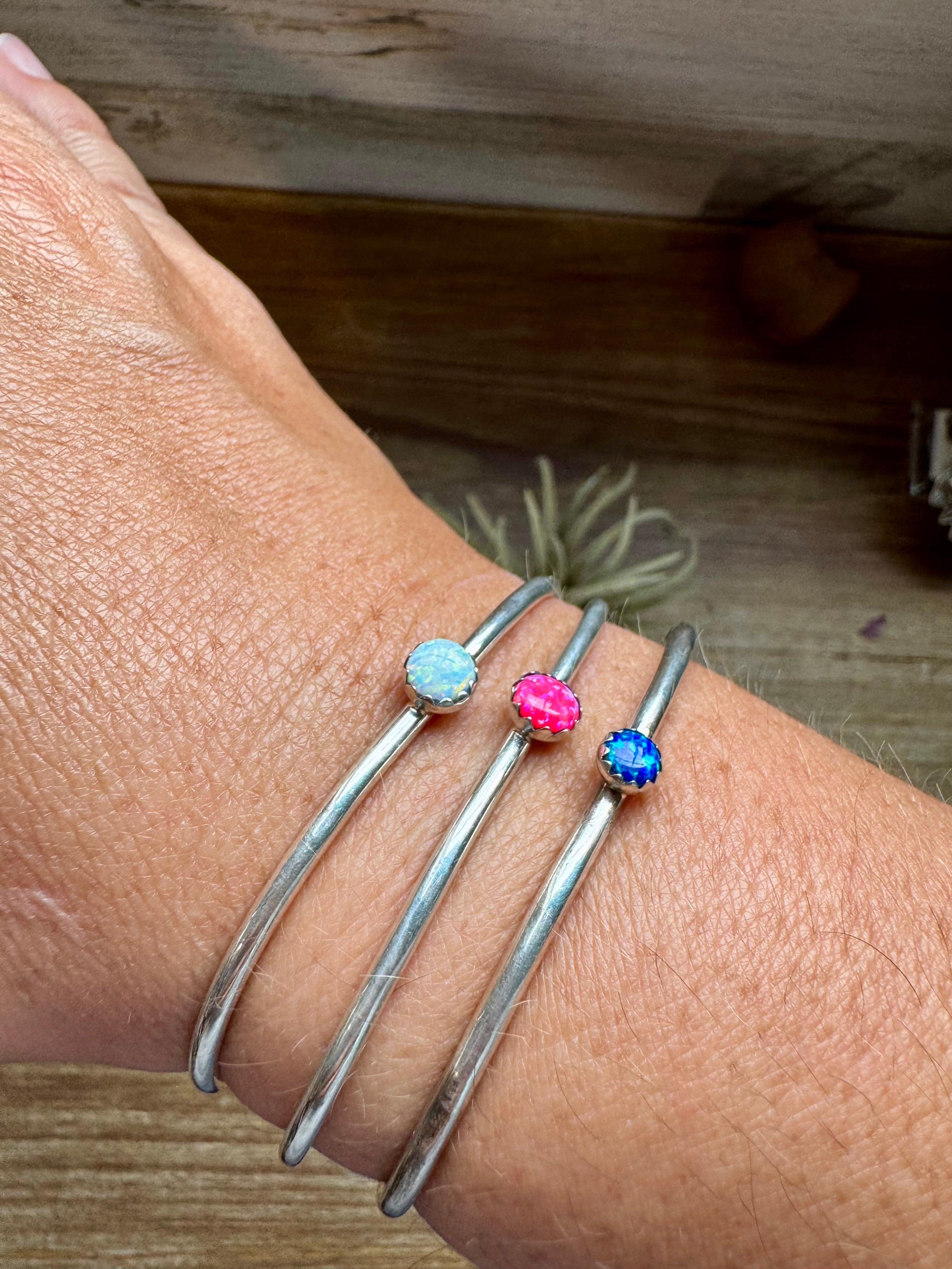Small Opal Sterling Silver Cuff Bracelet – Pink Blue or White Opal | Native Made Western Jewelry