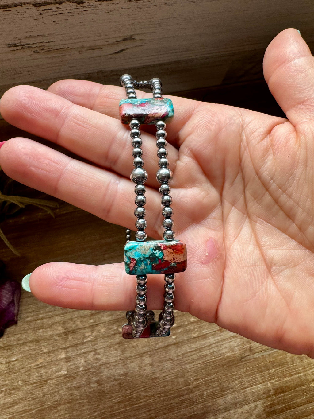 Pink Turquoise Variscite Double Strand Necklace – Sterling Silver Pearls 13” Choker | The Bijoux FAB