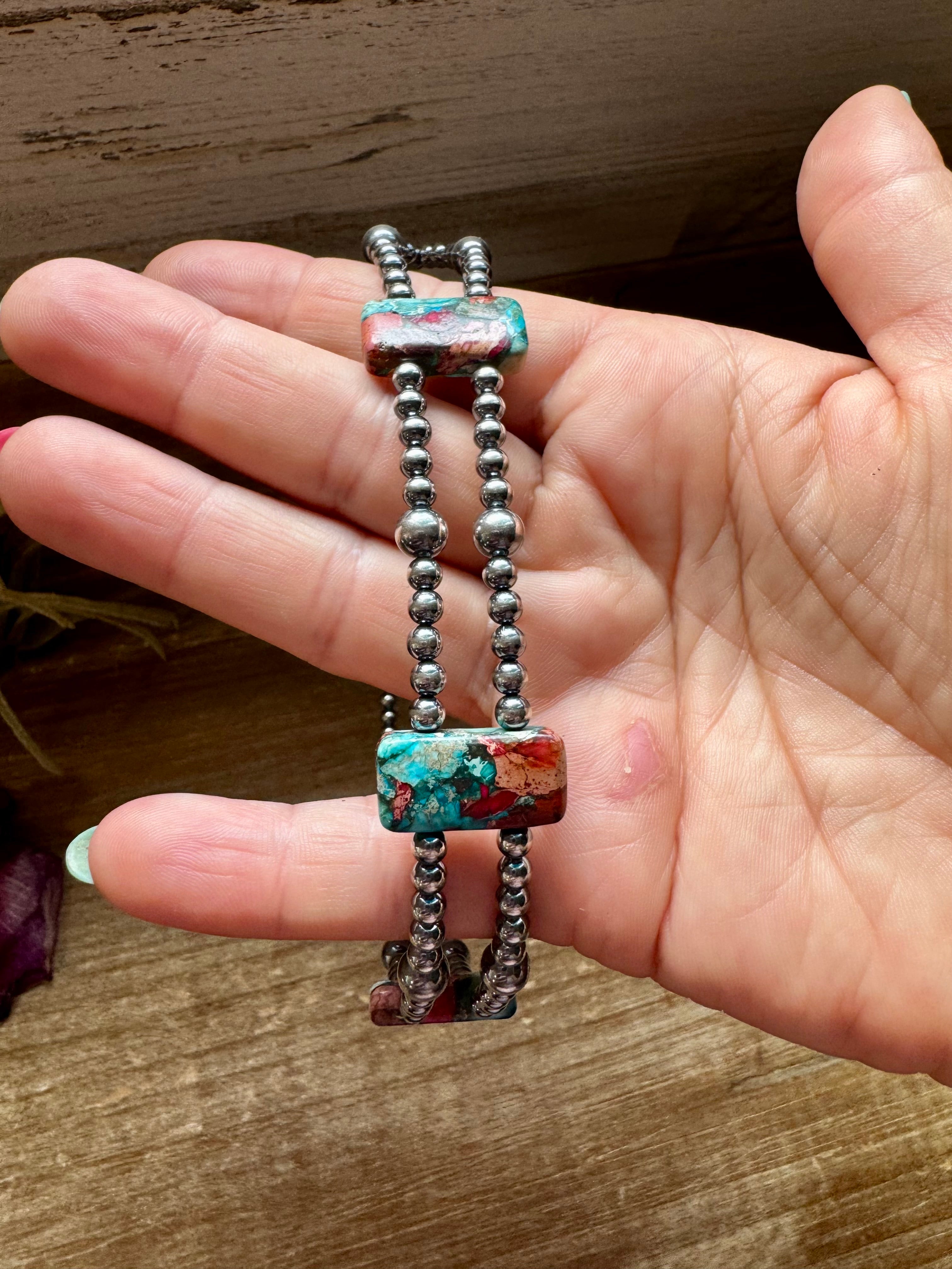 Pink Turquoise Variscite Double Strand Necklace – Sterling Silver Pearls 13” Choker | The Bijoux FAB