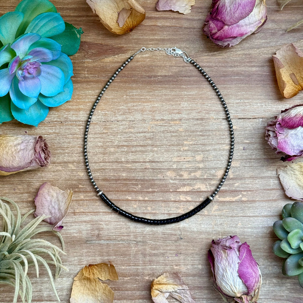Black onyx heishi choker necklace with sterling silver pearls western handmade jewelry by The Bijoux FAB.