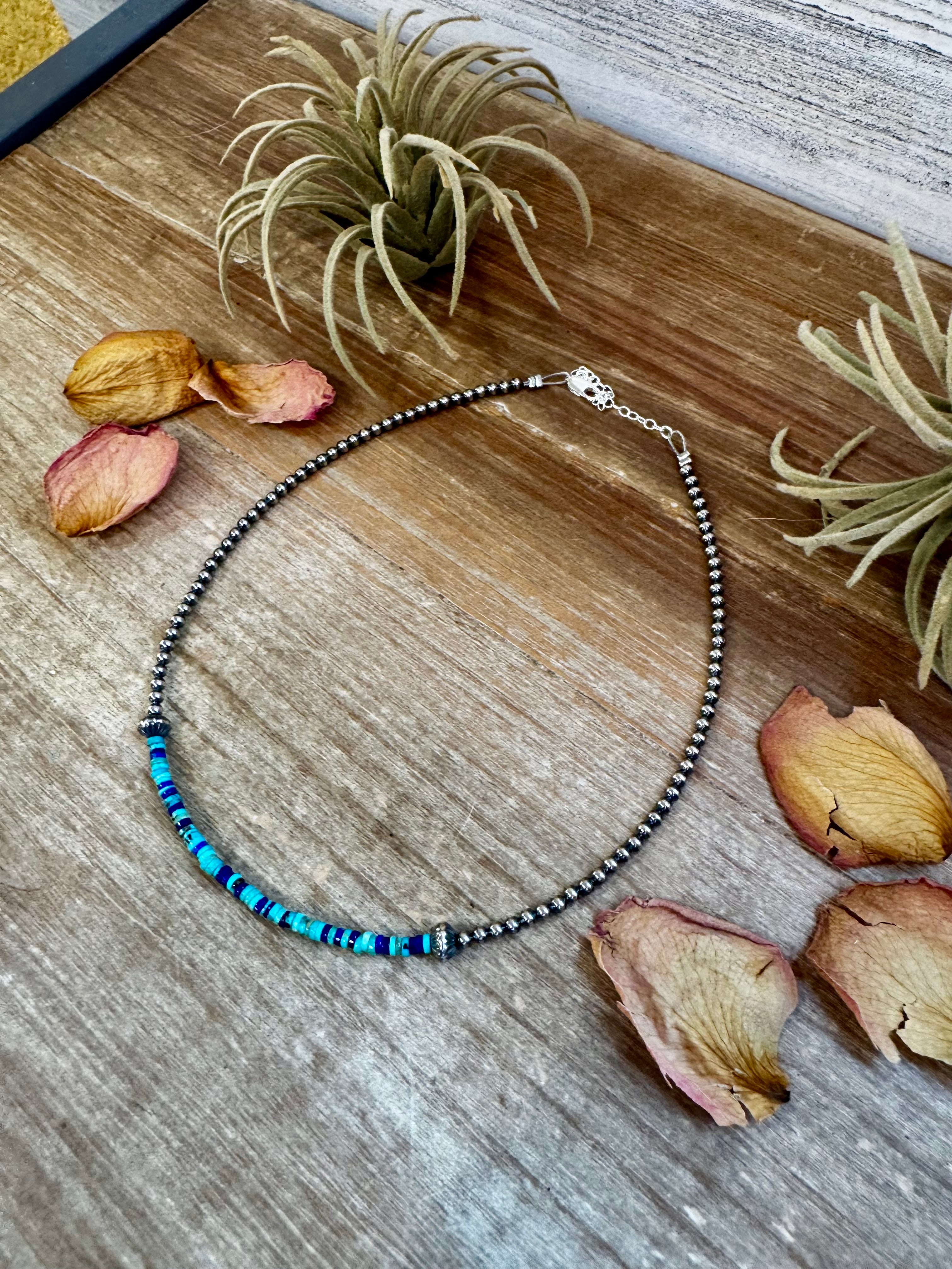 Lapis Turquoise Heishi Choker – 3mm Lapis Turquoise Sterling Silver 14” Necklace | The Bijoux FAB
