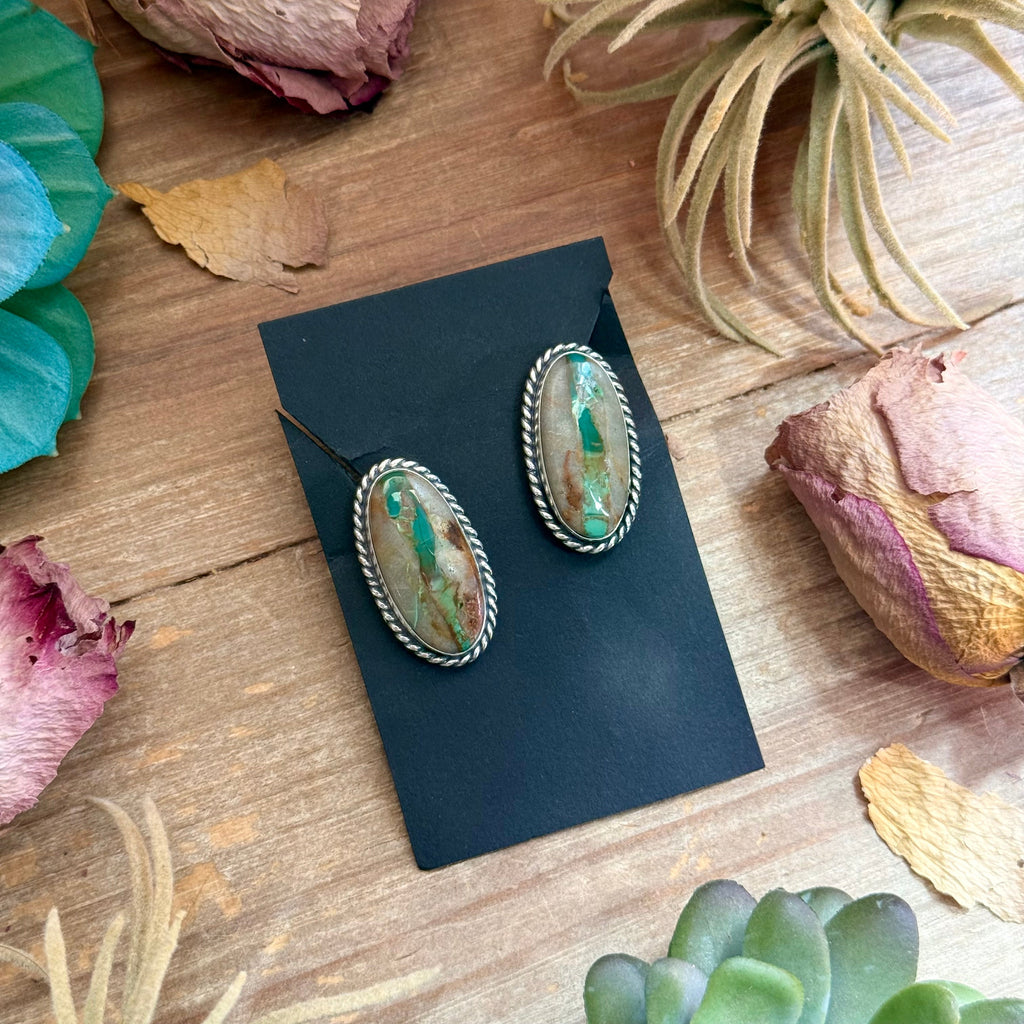 9 - Sterling Silver Ribbon Royston Turquoise Stud Earrings by Jason Ogg