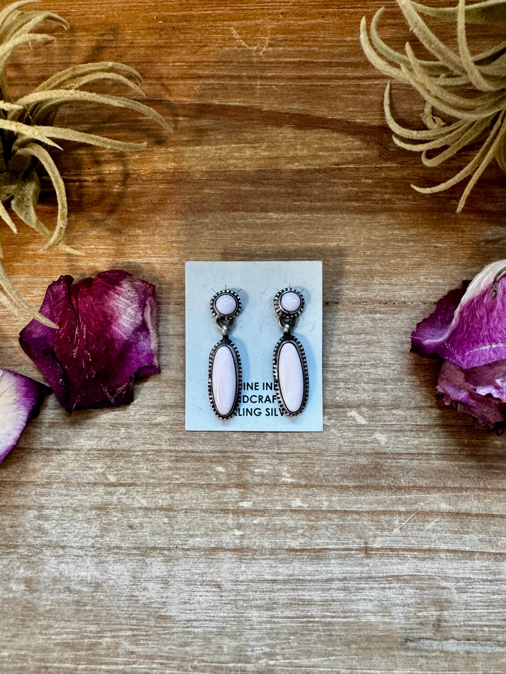 Pink conch sterling silver dangle earrings handmade by Marcella James, Native made Western jewelry piece