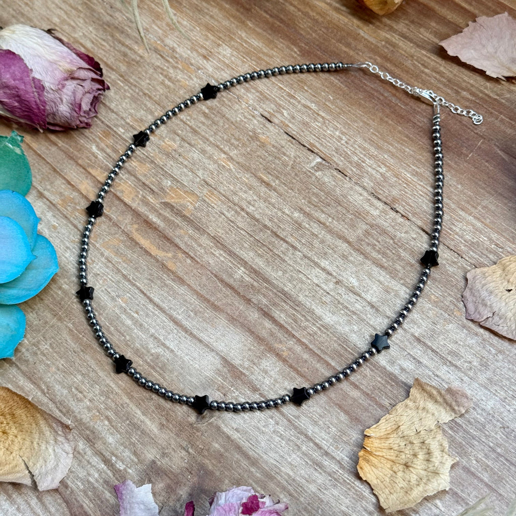 Black Onyx Star Necklace – Sterling Silver Pearls - 15" | The Bijoux FAB