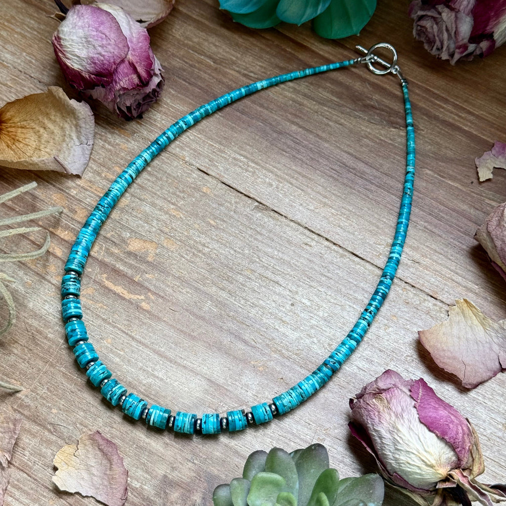 Turquoise Heishi Necklace with Silver Saucers – 19” | The Bijoux FAB
