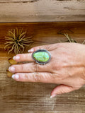 Green turquoise statement ring in sterling silver adjustable band, bold western artisan jewelry with natural stone