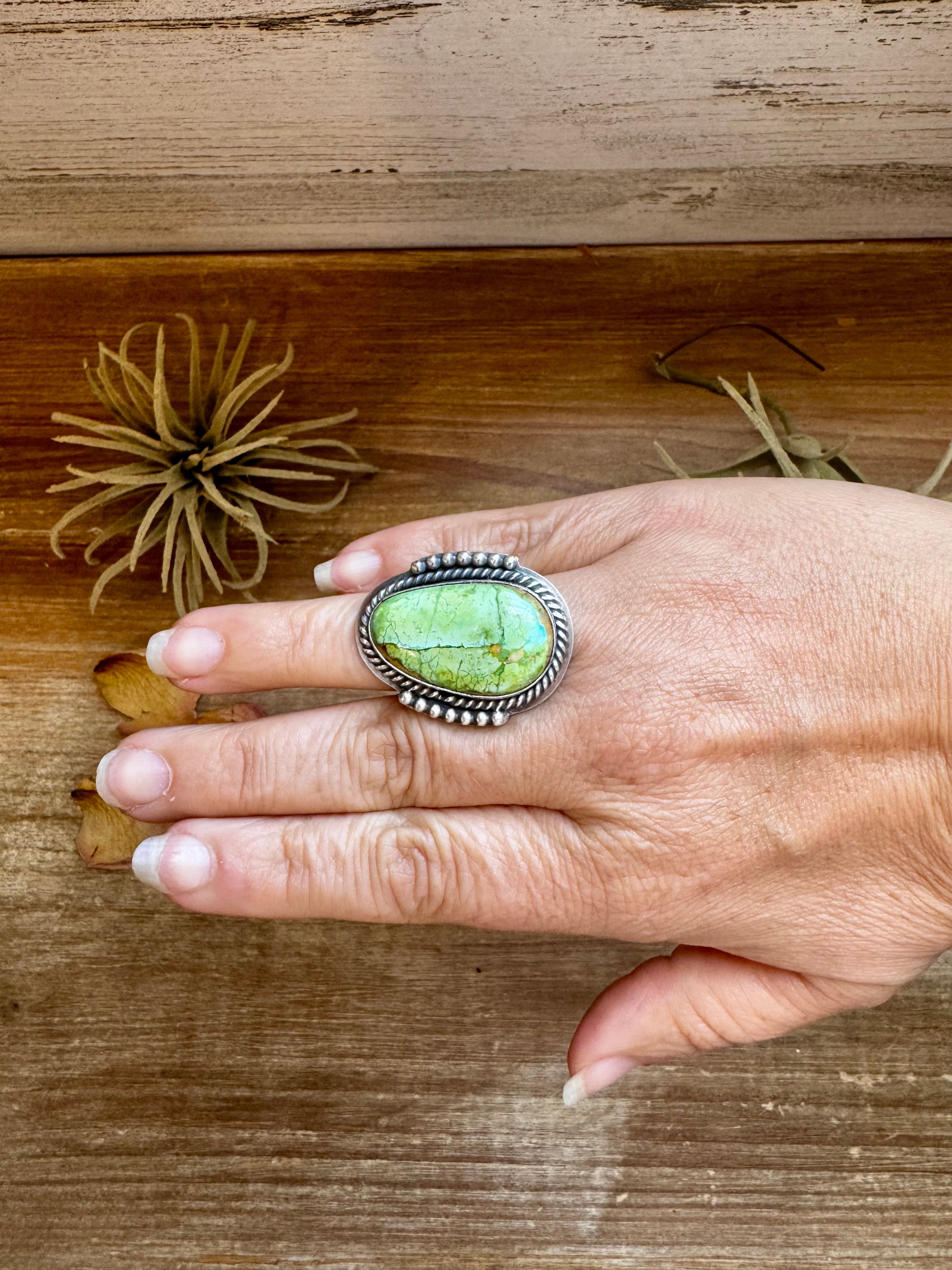 Green turquoise statement ring in sterling silver adjustable band, bold western artisan jewelry with natural stone