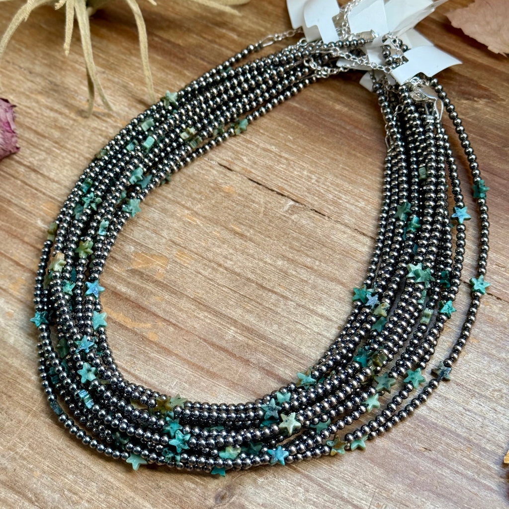 African Turquoise Star Necklace – Sterling Silver Pearls (15") | The Bijoux FAB