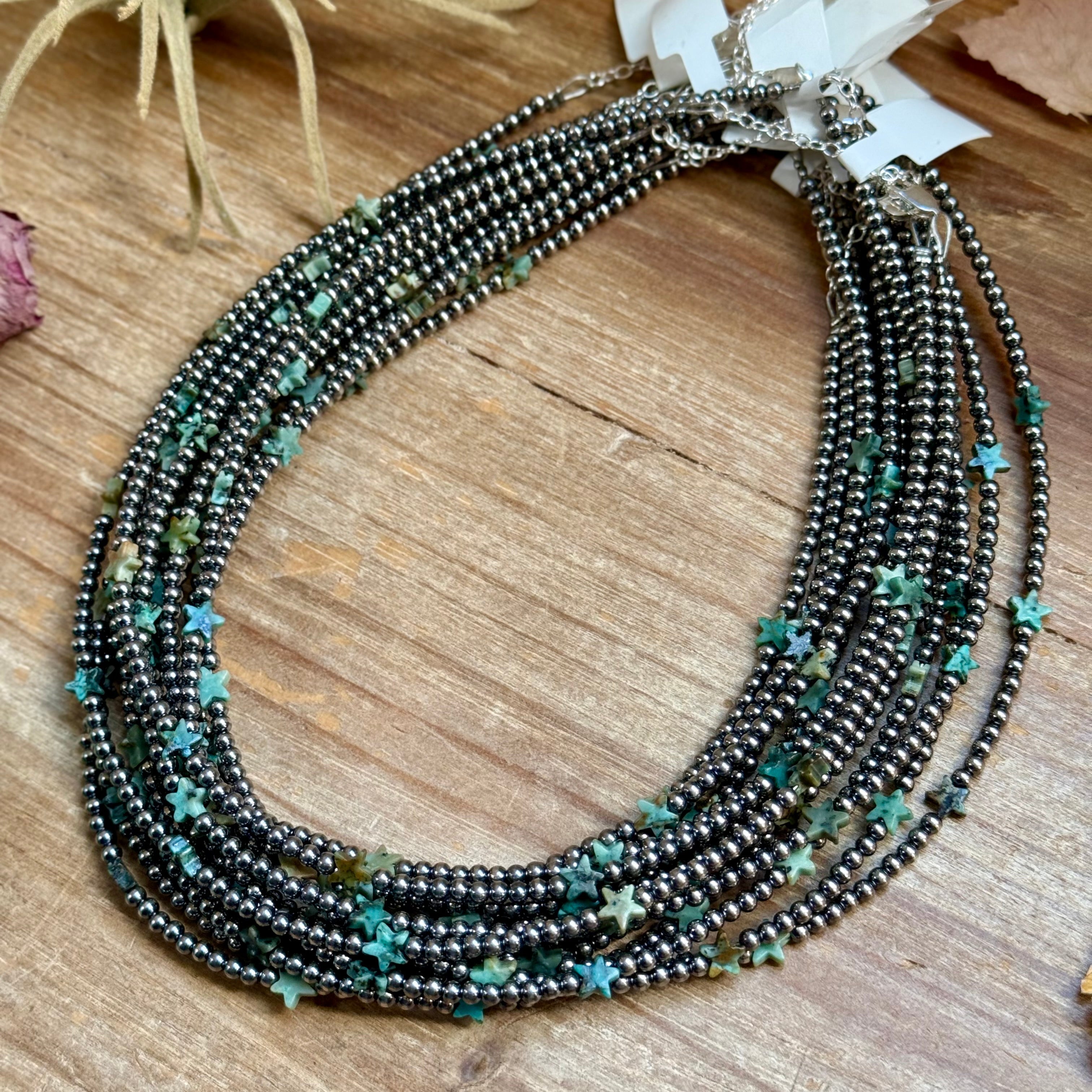 African Turquoise Star Necklace – Sterling Silver Pearls (15") | The Bijoux FAB