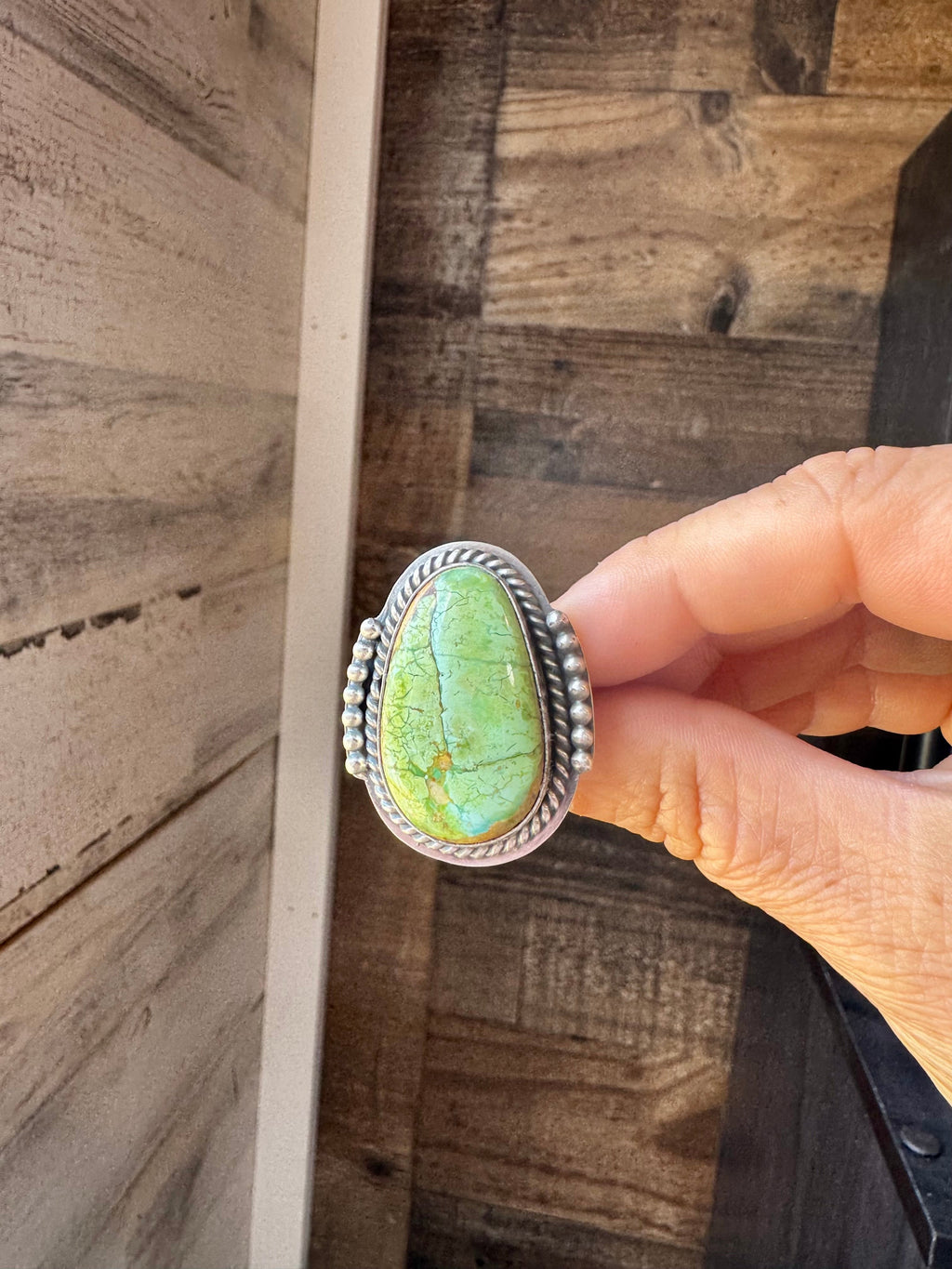 Green Turquoise Statement Ring – Adjustable Sterling Silver Western Jewelry