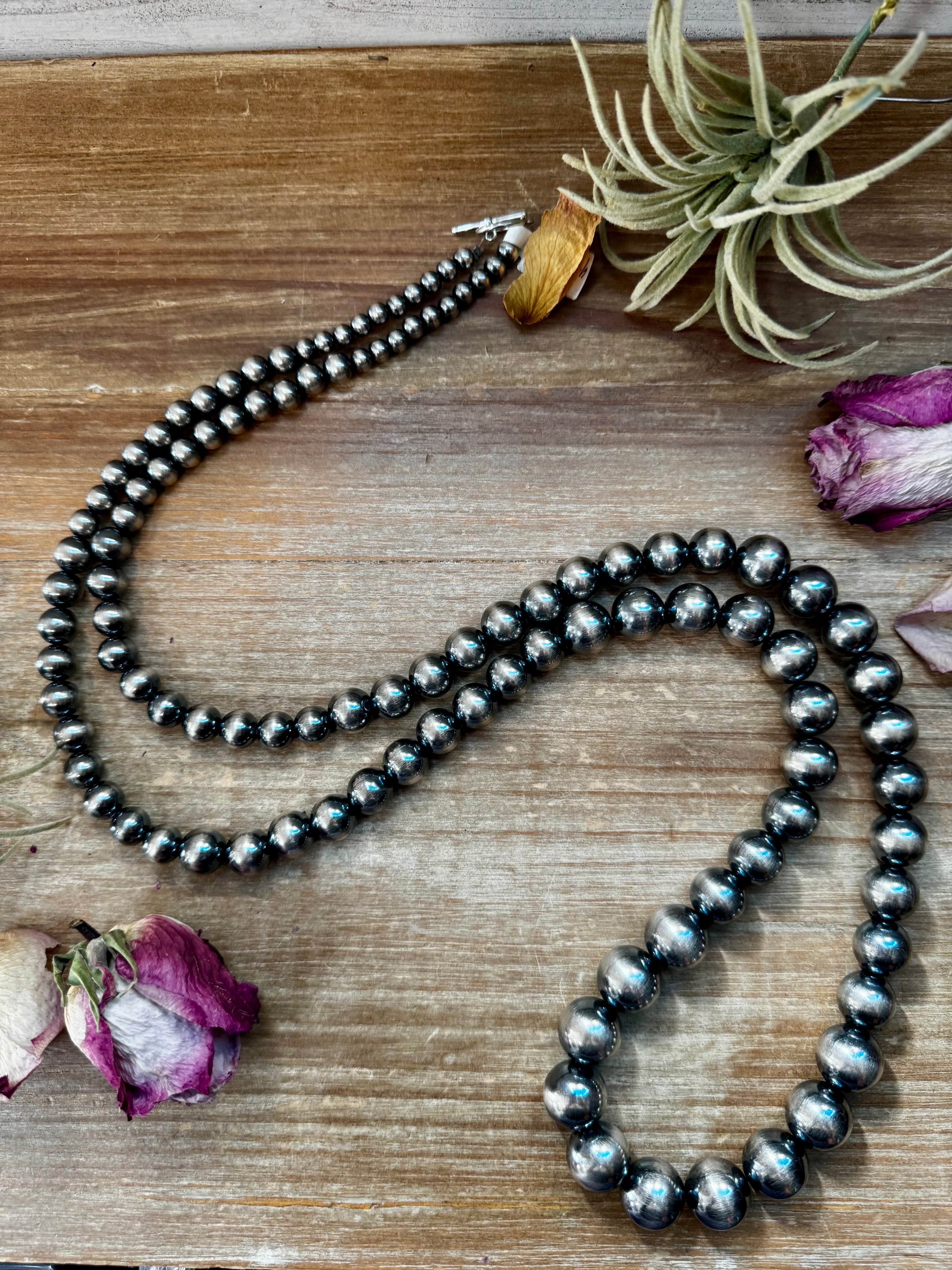 Long graduated sterling silver pearl necklace 45 inch with 6mm to 16mm beads and non tarnish hook, bold Western statement jewelry piece