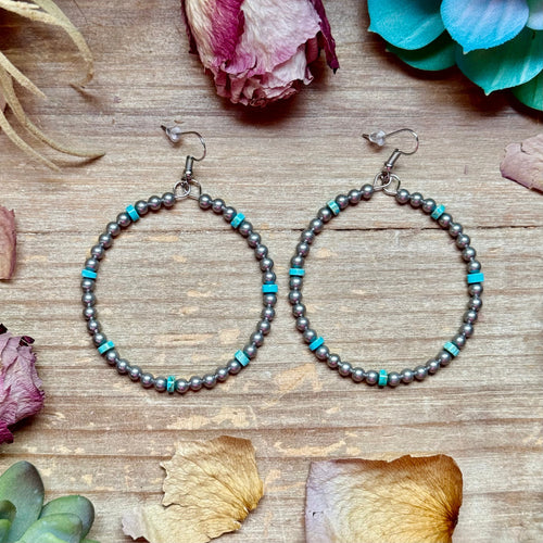 Blue variscite turquoise and silver bead hoop earrings western handmade jewelry by The Bijoux FAB.