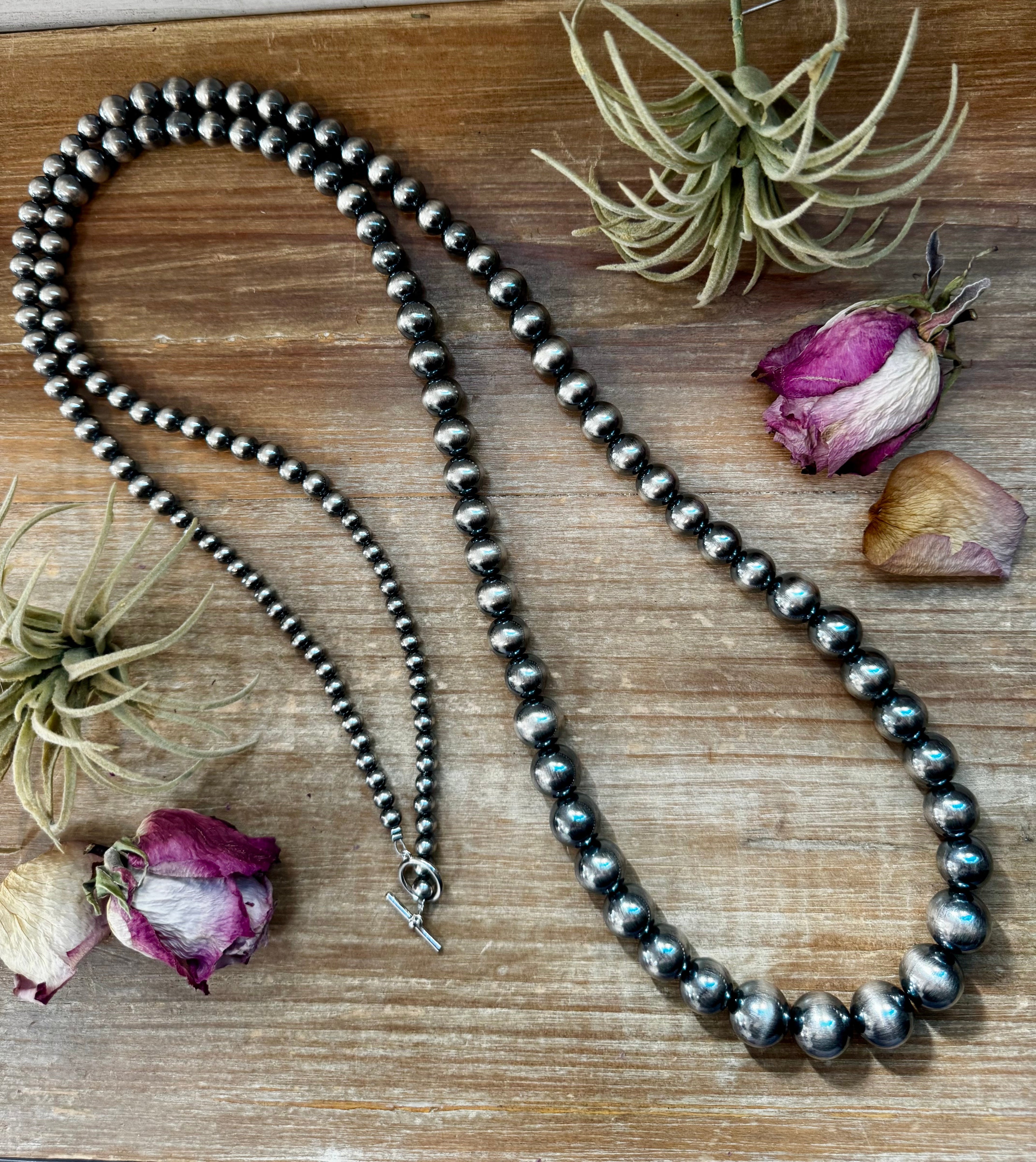 Long graduated sterling silver pearl necklace 51 inch with 6mm to 16mm beads, bold Western statement jewelry piece