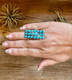 Rectangle Kingman turquoise statement ring with 21 stones in sterling silver adjustable band, bold western jewelry piece