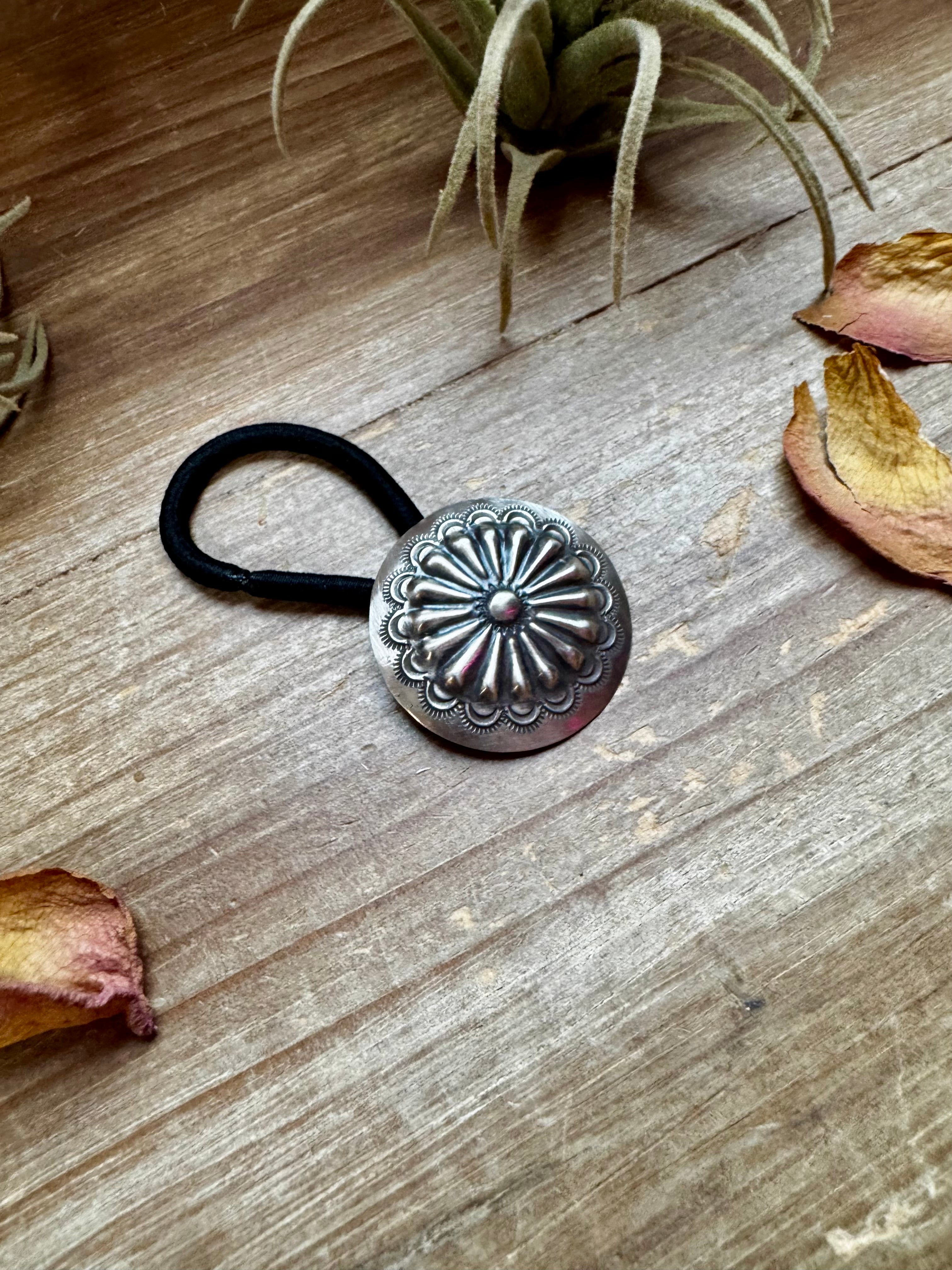 Sterling Silver Concho Hair Tie – Stamped Western Ponytail Holder | USA Made