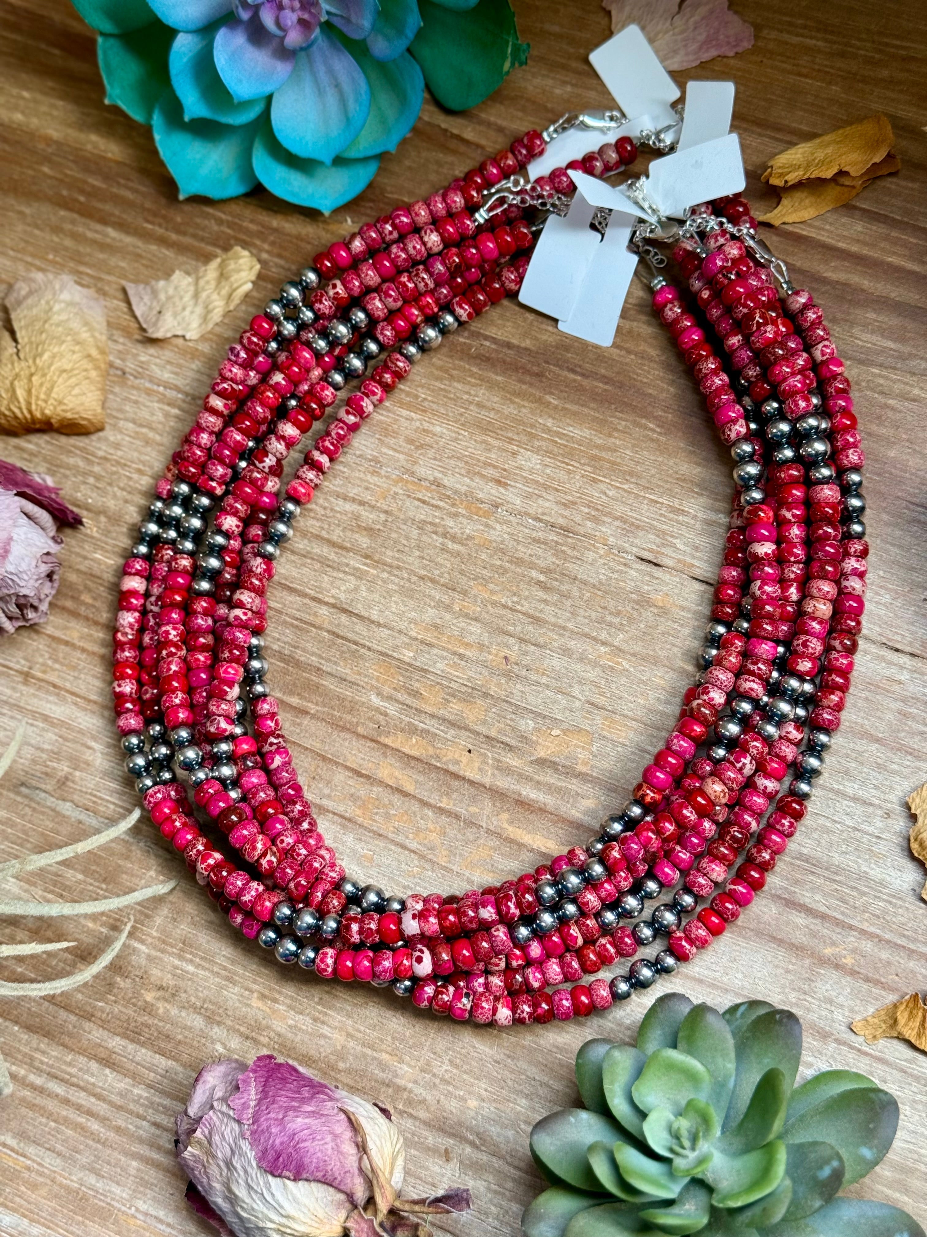 Pink Variscite & Sterling Pearl Necklace 17.5”