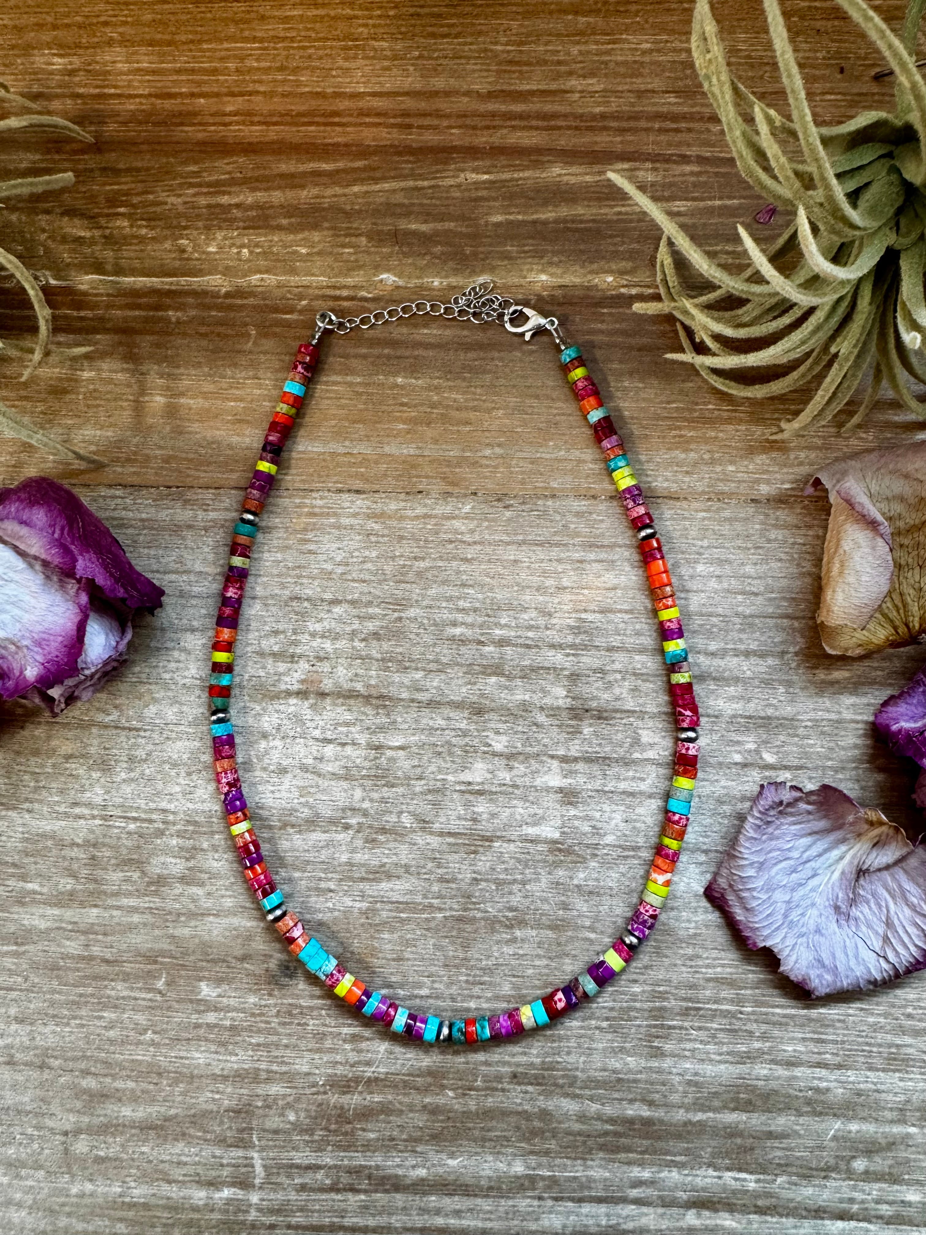 Magnesite heishi choker necklace with 4mm beads and sterling silver saucer pearls, 14 inch handmade Western jewelry piece