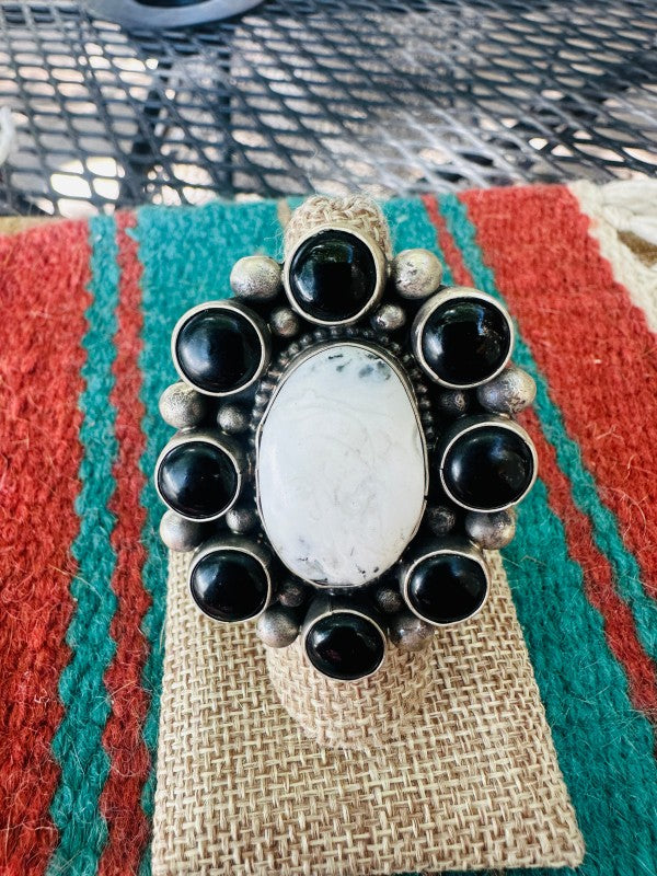 White Buffalo and black onyx sterling silver adjustable ring, bold western statement ring with black and white contrast