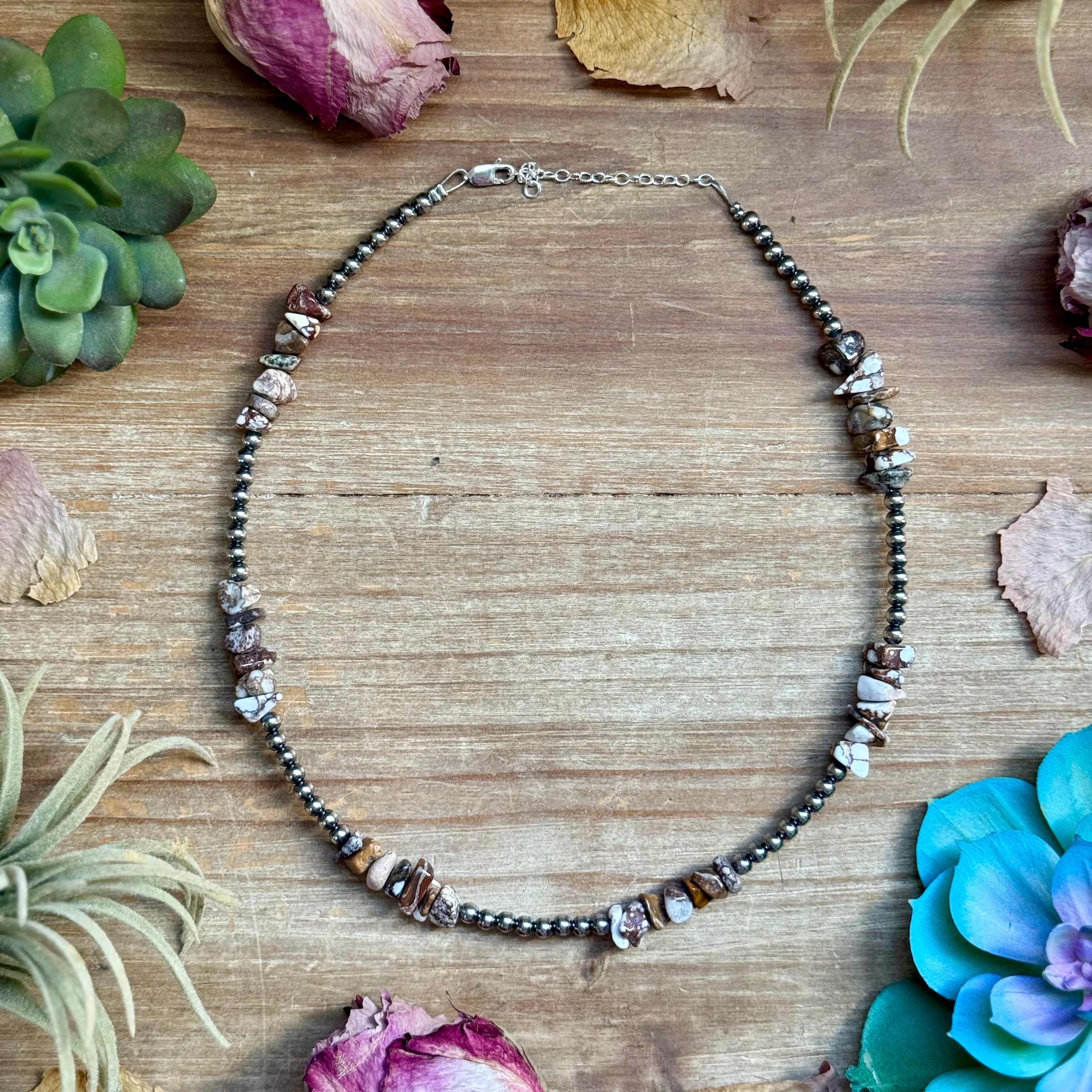 Wild horse chip necklace with 4mm sterling silver pearls, 16 inch adjustable Western jewelry piece