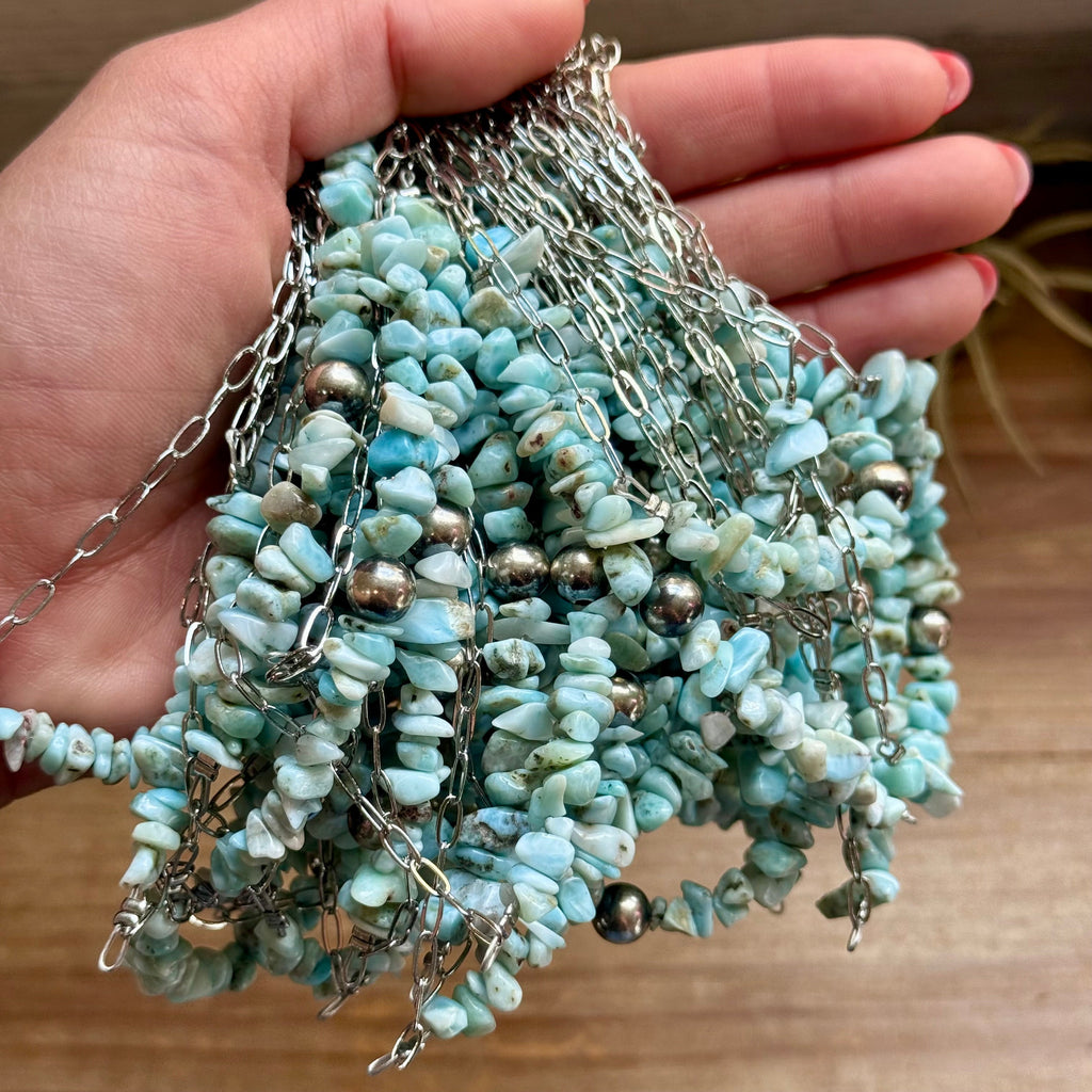Larimar Chip Necklace Sterling Silver Pearls & Paperclip Chain - 16" | The Bijoux FAB