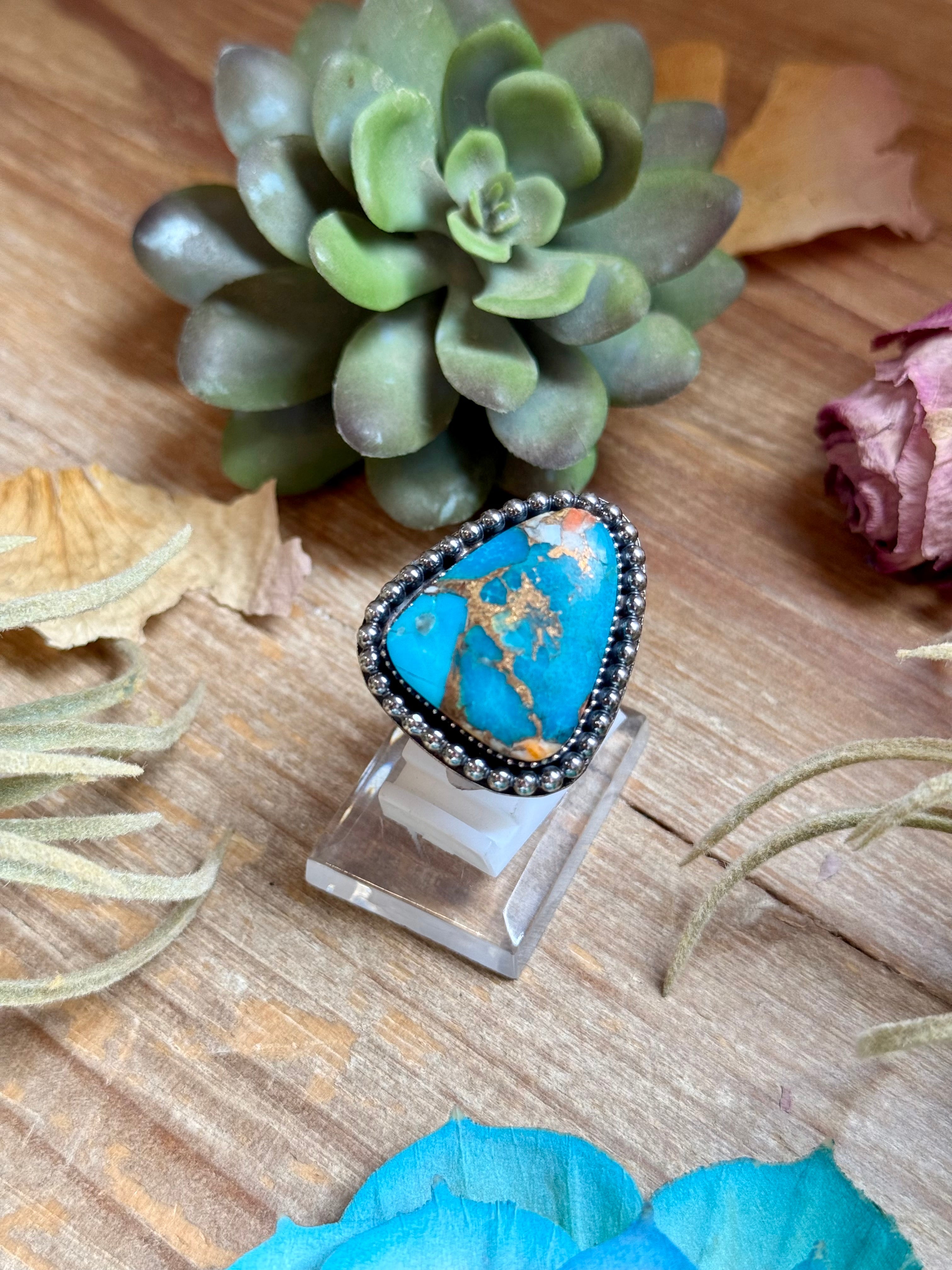 MJ Turquoise Mohave & Spiny Oyster Ring – Sterling Silver Adjustable Band