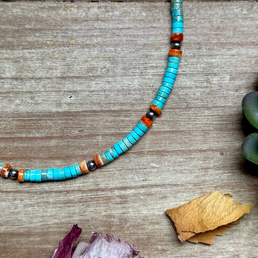 Turquoise & Spiny Oyster Heishi Necklace – 14”