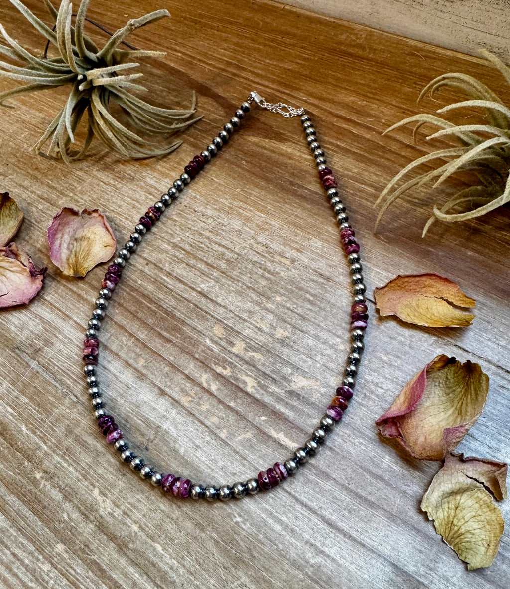 18-Inch Sterling Silver Pearl Necklace with Deep Purple Spiny Oyster – (5mm)