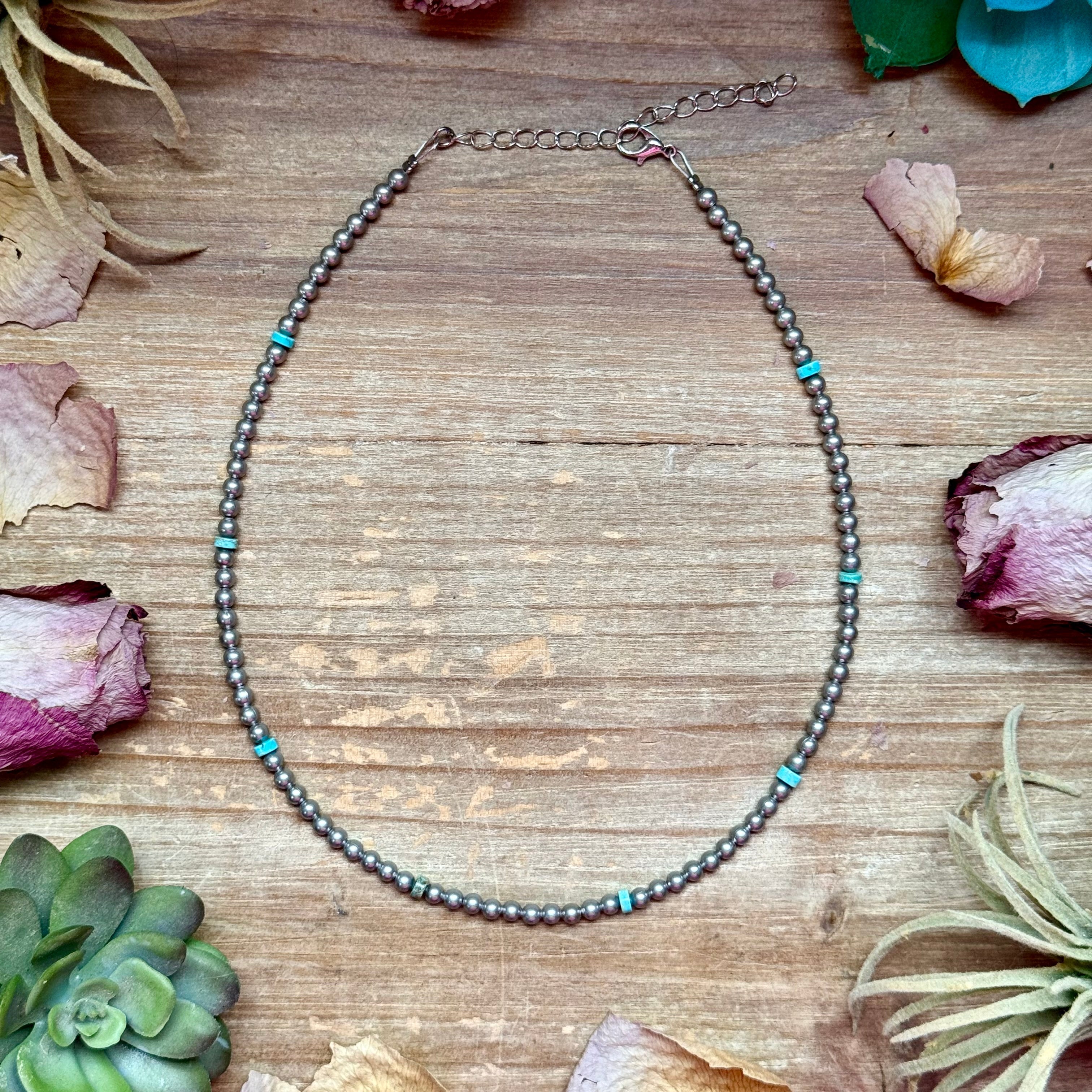 15” Variscite Turquoise Heishi Necklace –  4mm Silver Plated beads