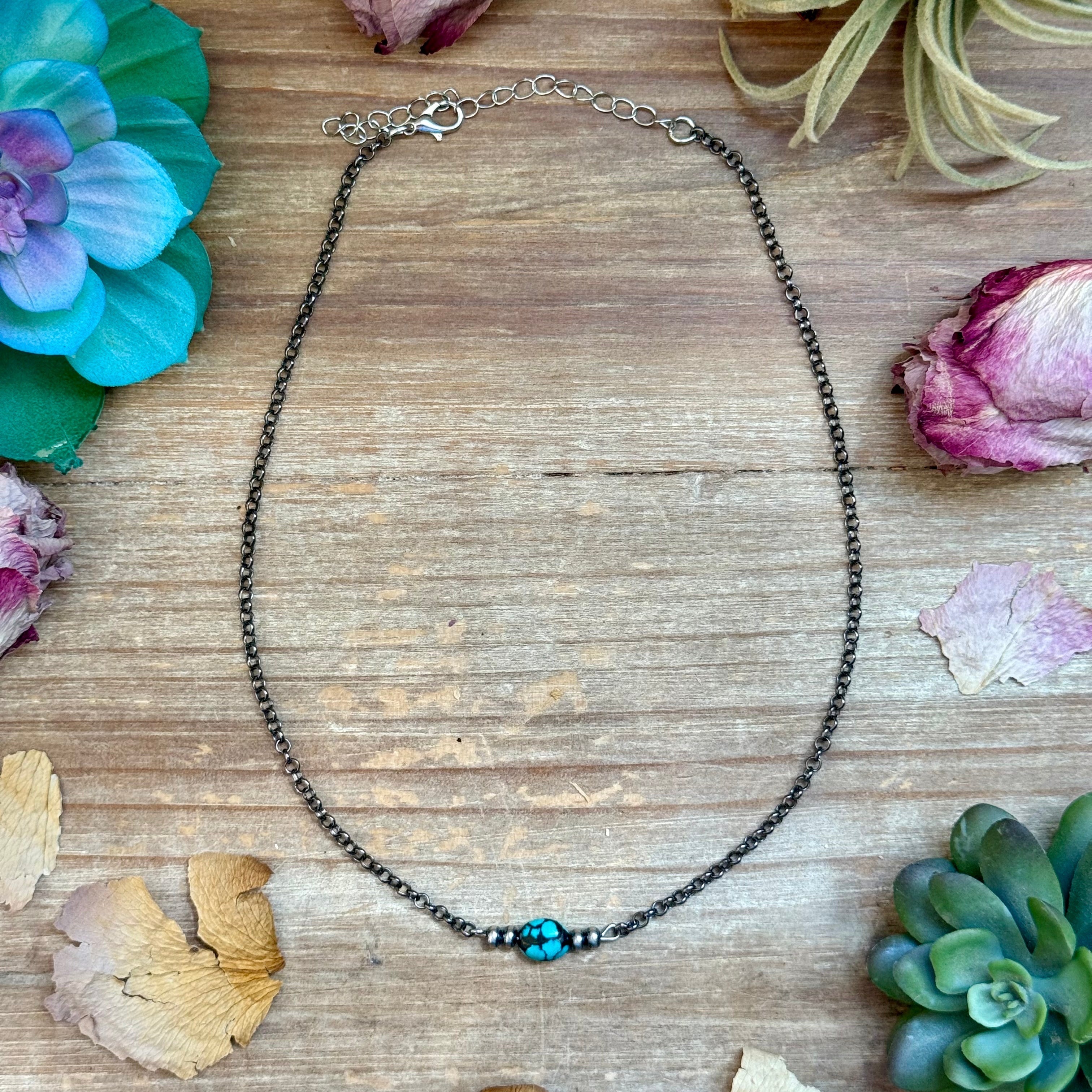 Dark Turquoise Center & Sterling Saucer Pearl Necklace 16”