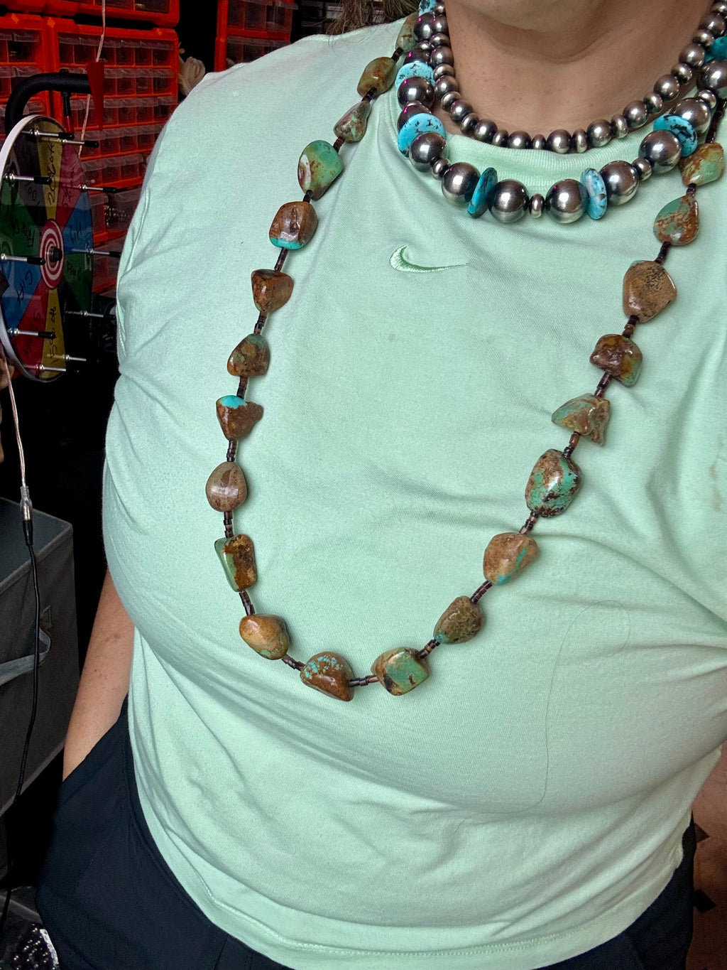 34-Inch Long Turquoise Nugget & Brown Shell Necklace