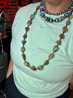 34-Inch Long Turquoise Nugget & Brown Shell Necklace