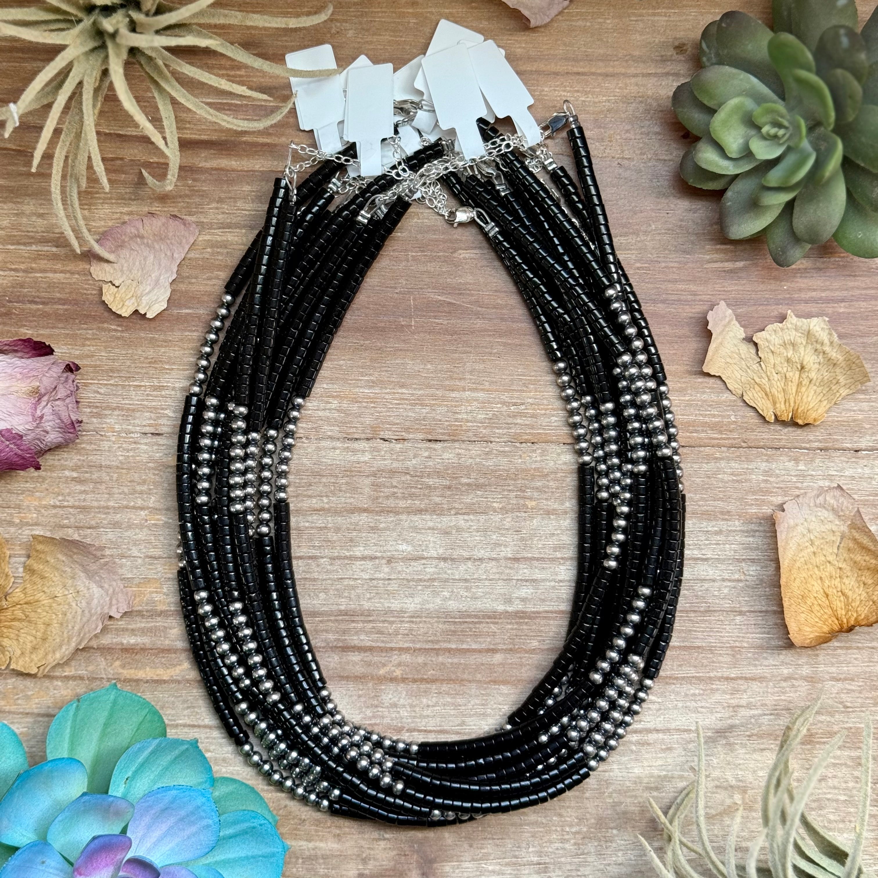 Black Onyx Necklace Sterling Silver Pearls & Heishi Beads - 16" | The Bijoux FAB