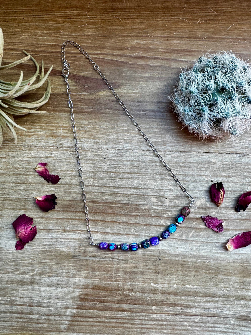 Purple variscite sea sediment and sterling silver pearl choker necklace on silver paperclip chain handmade Western jewelry.