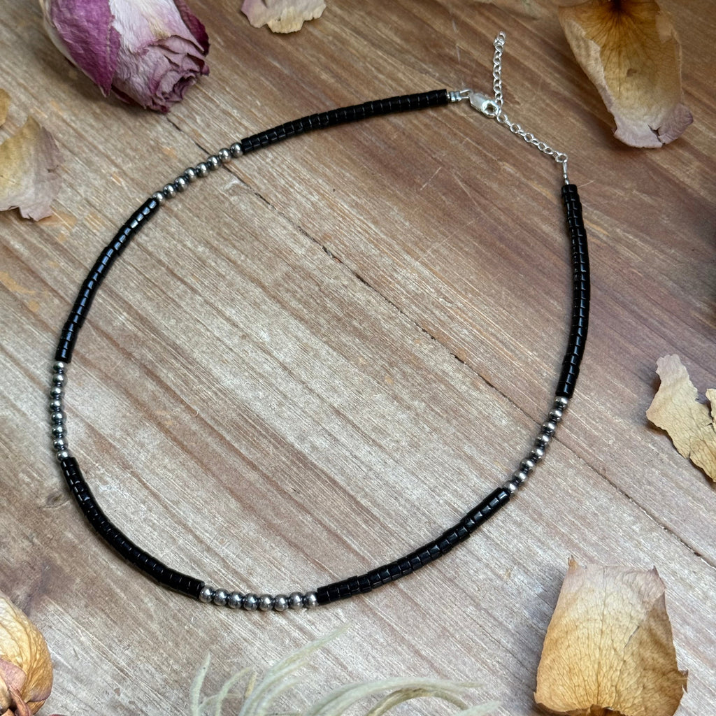 Black Onyx Necklace Sterling Silver Pearls & Heishi Beads - 16" | The Bijoux FAB