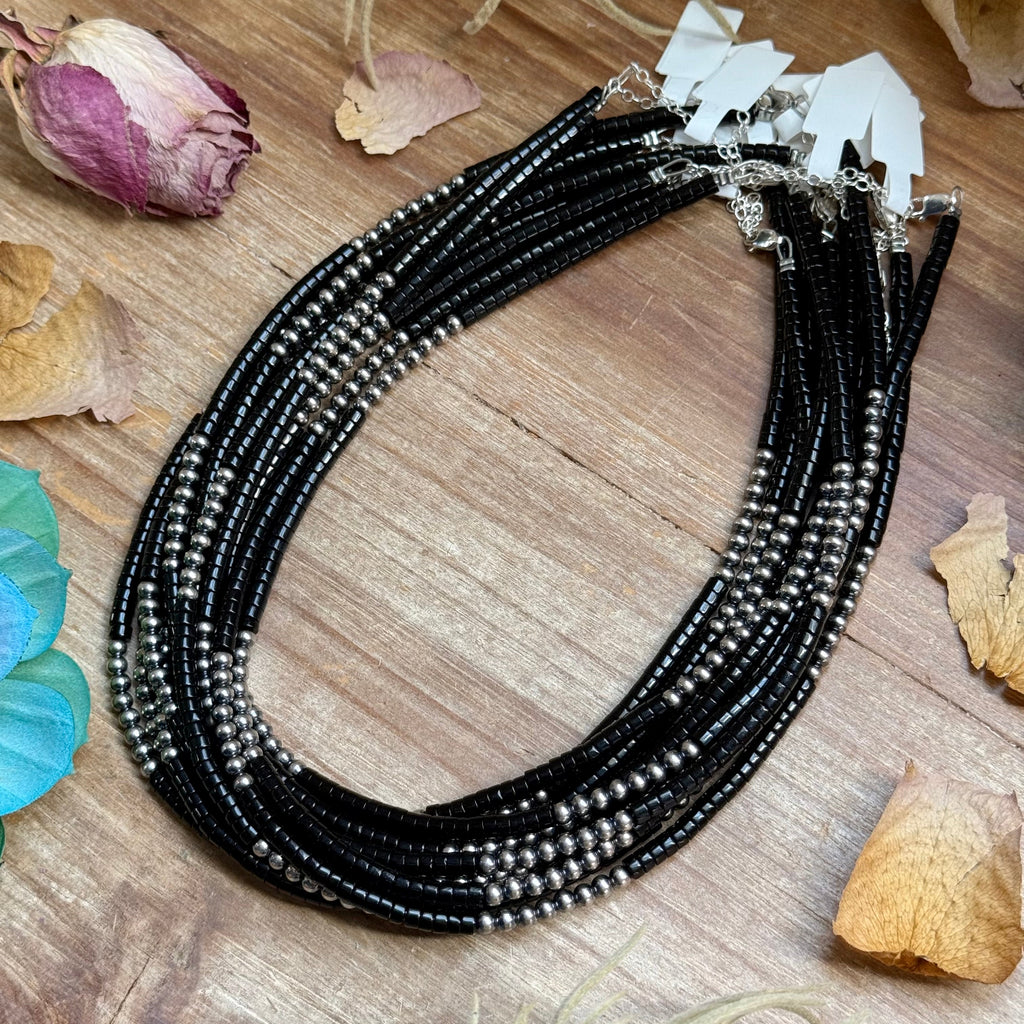 Black Onyx Necklace Sterling Silver Pearls & Heishi Beads - 16" | The Bijoux FAB