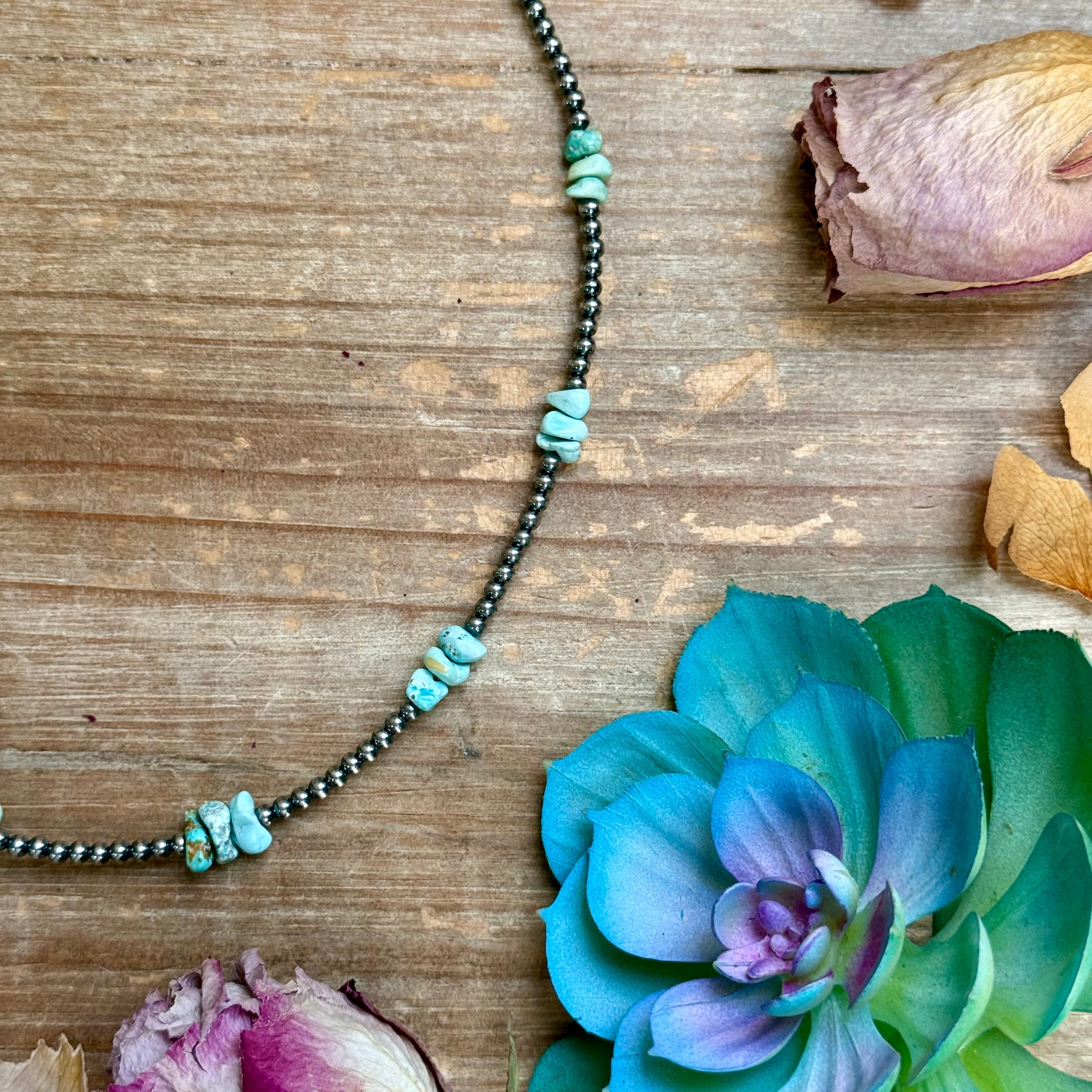 16.5” Sky Blue Lone Mountain Turquoise Nugget Necklace – 3mm Sterling Silver Pearls