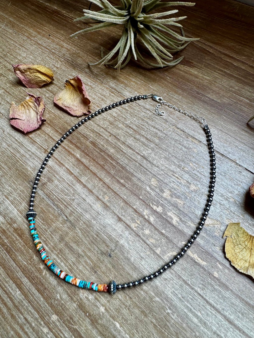 Turquoise Spiny Oyster Heishi Choker – Sterling Silver Pearls 14” Adjustable Necklace | The Bijoux FAB