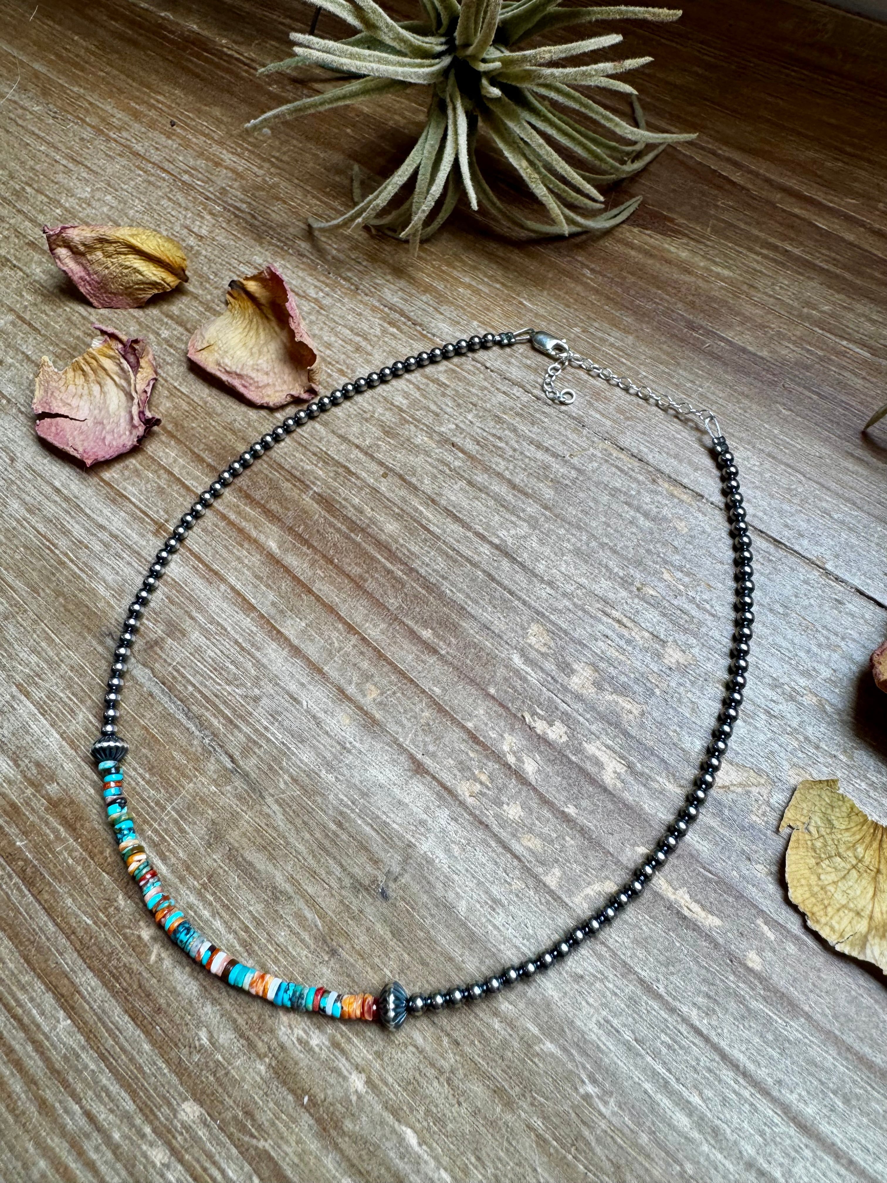 Turquoise Spiny Oyster Heishi Choker – Sterling Silver Pearls 14” Adjustable Necklace | The Bijoux FAB