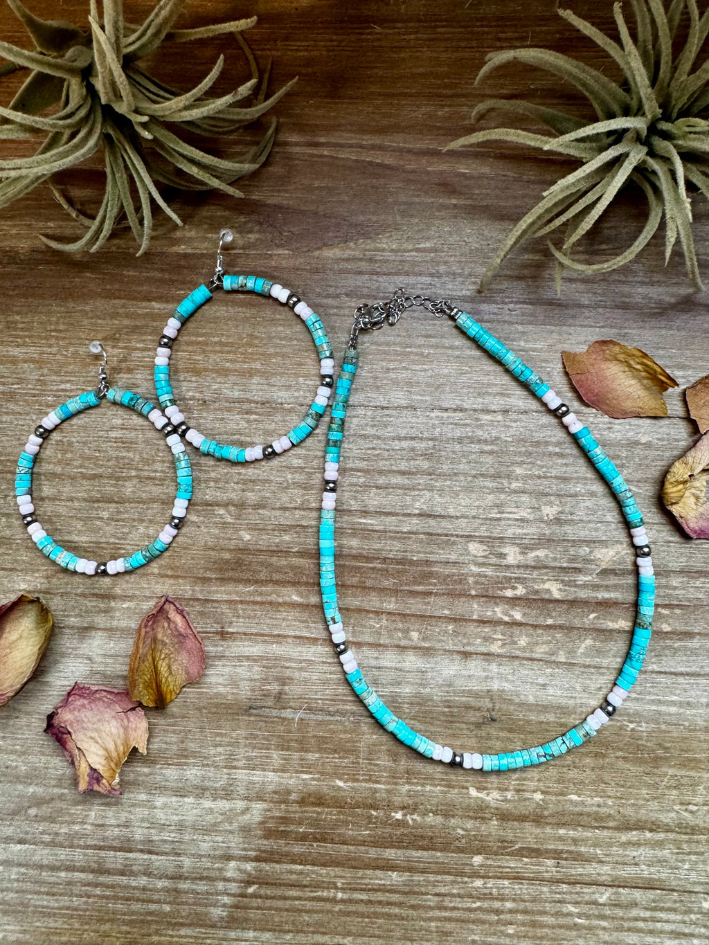 Turquoise Variscite and Pink Conch Hoop Earrings 2 Inch | The Bijoux FAB