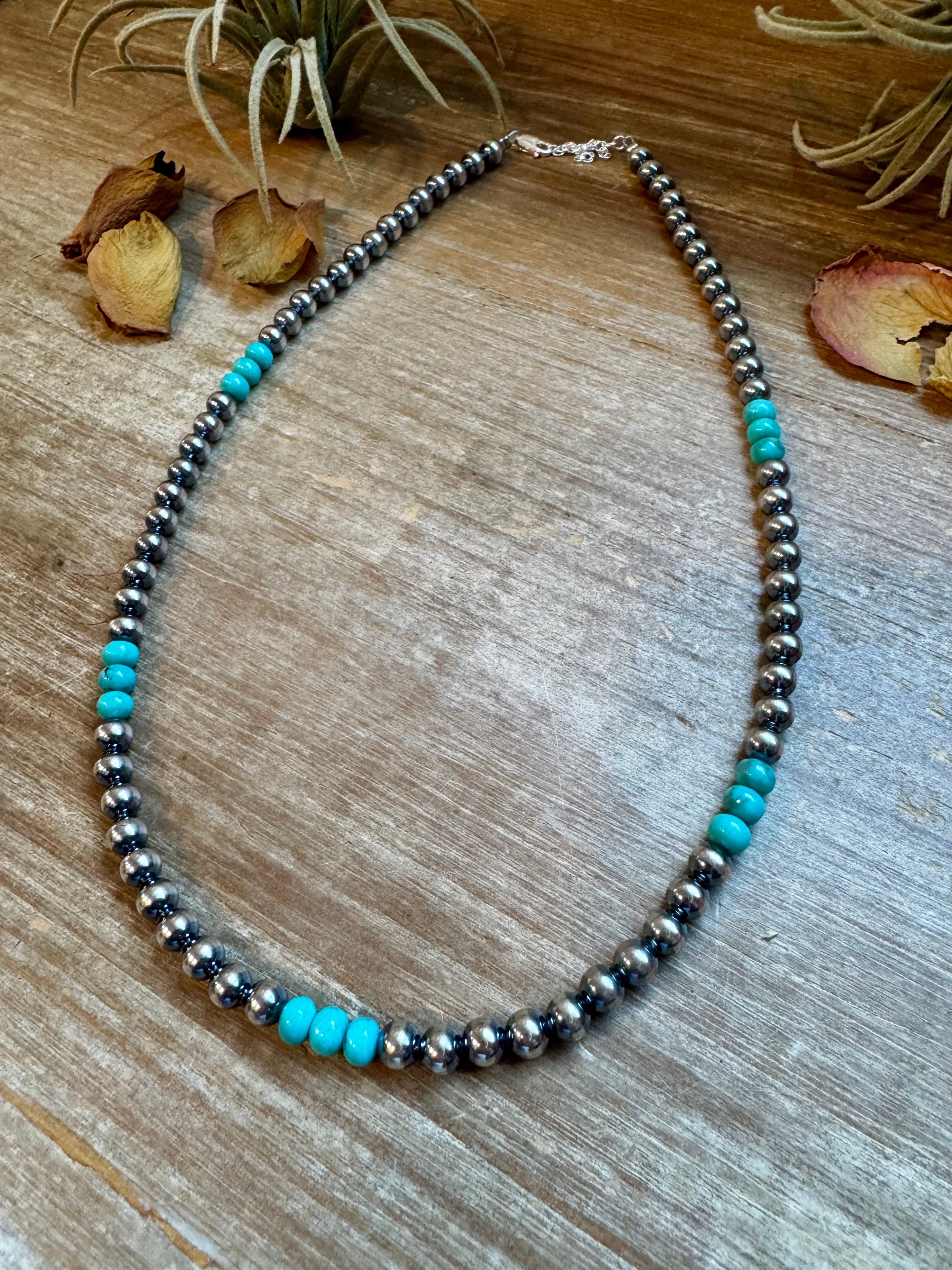 Sterling Silver Pearl & Blue Turquoise Necklace – 19"