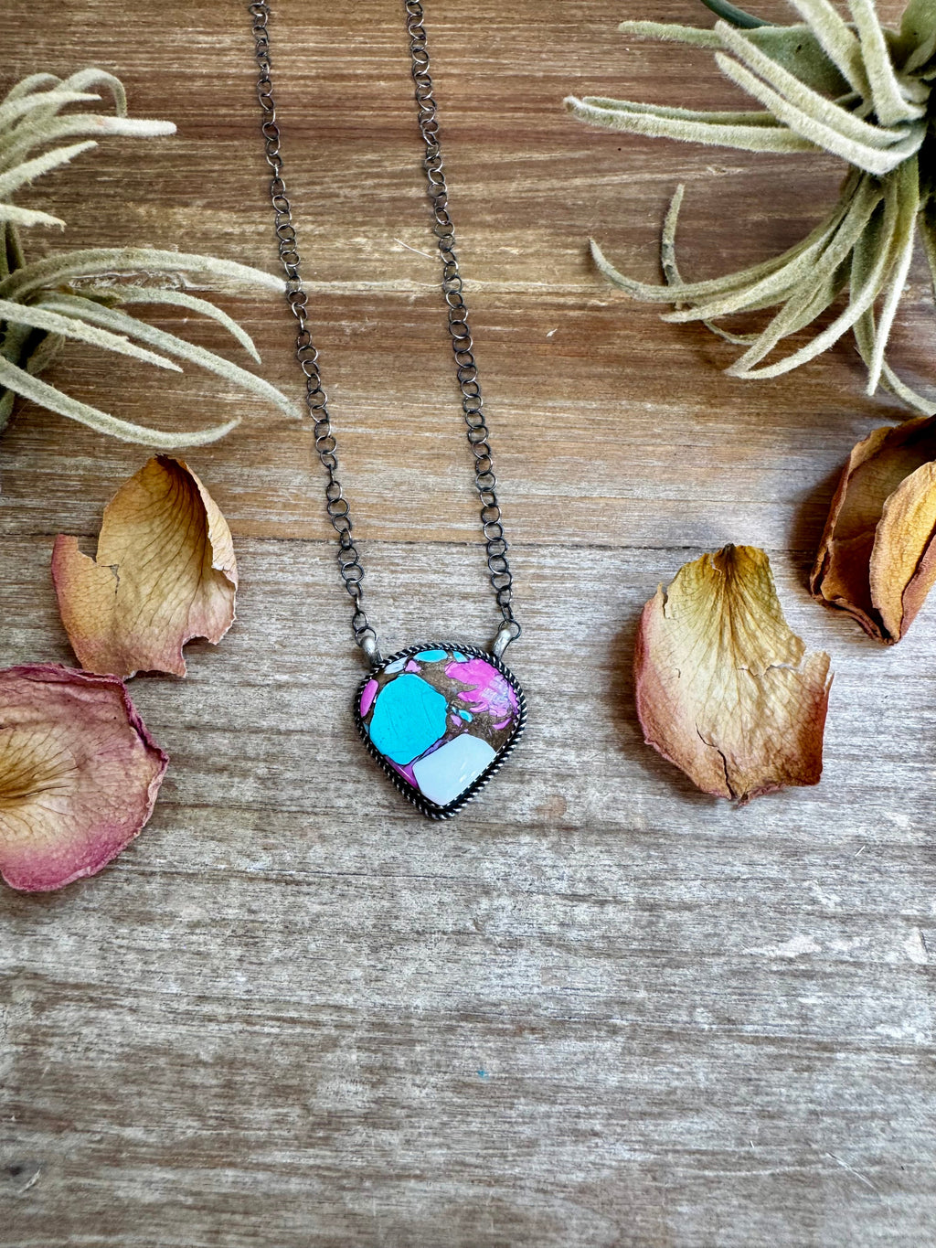 Cotton candy turquoise freeform necklace with freeform stone on 18 inch sterling silver chain, handmade by Navajo artist Tia Long.