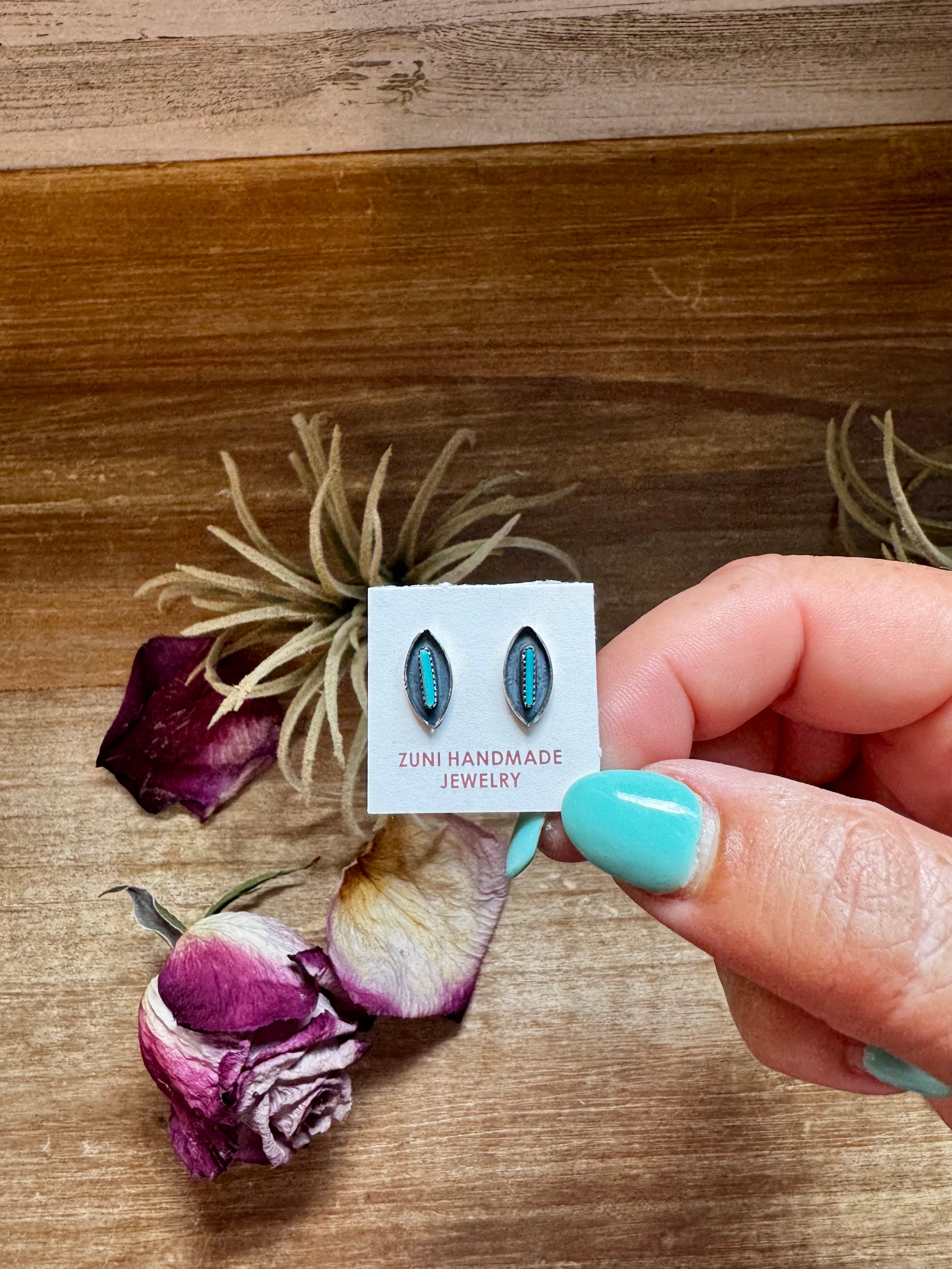 Mini Kingman Turquoise Inlay Earrings – Sterling Silver Zuni Stud Earrings