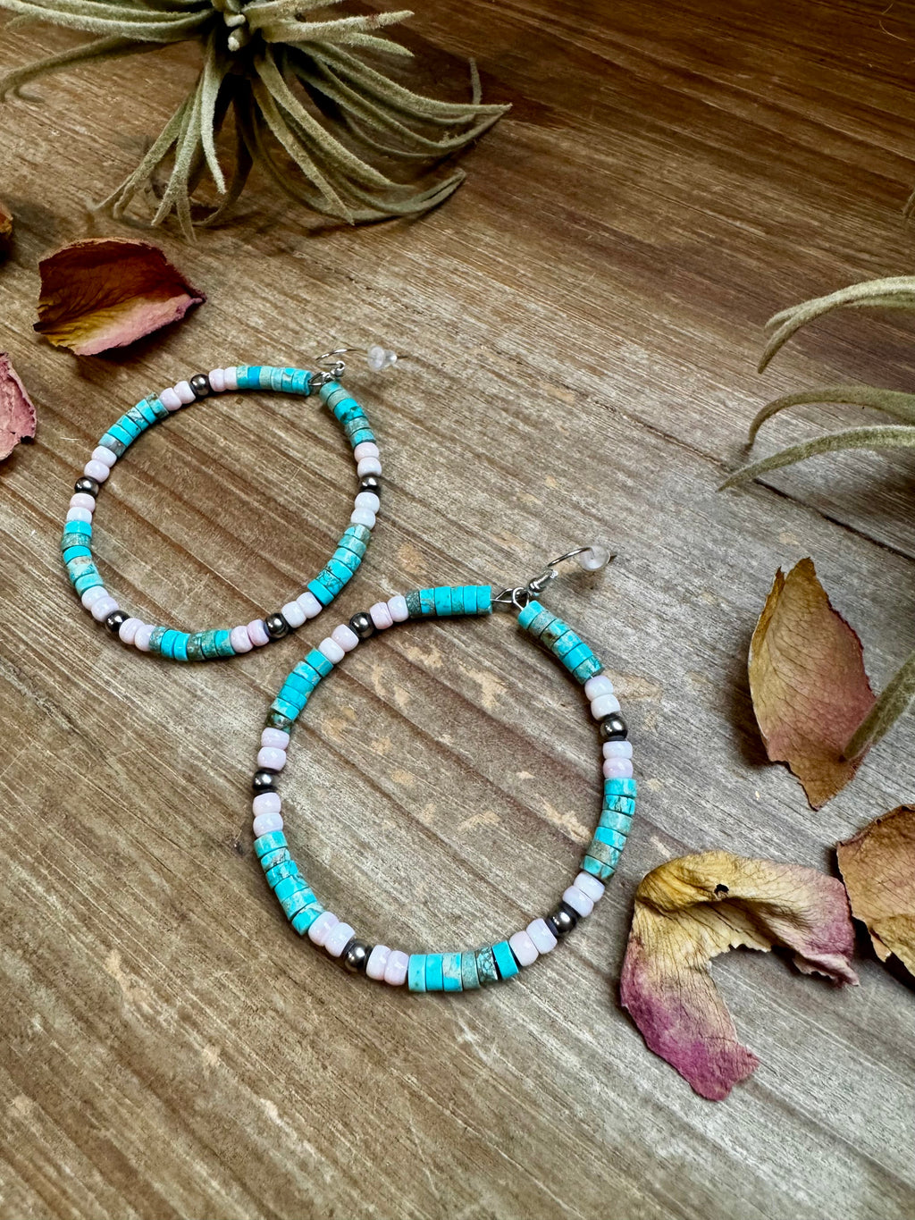 Turquoise Variscite and Pink Conch Hoop Earrings 2 Inch | The Bijoux FAB